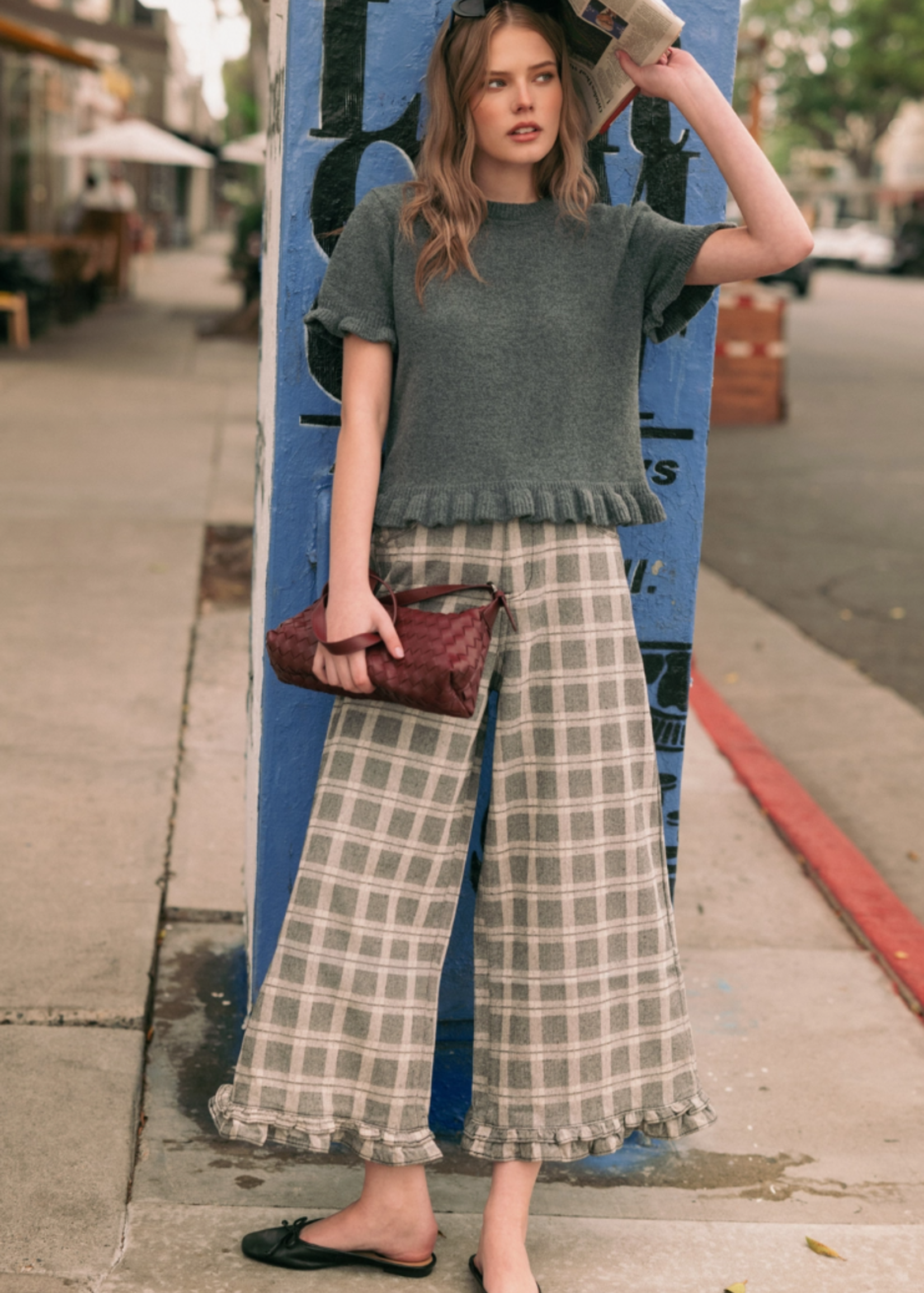 MIOU MUSE Ruffle Detail with Plaid Fabric Pants