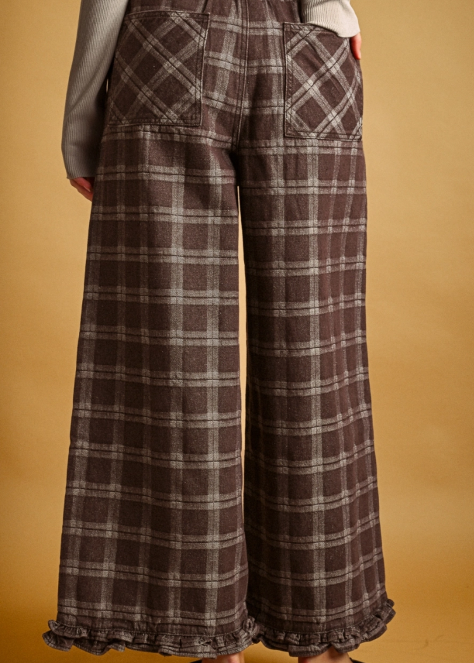MIOU MUSE Ruffle Detail with Plaid Fabric Pants