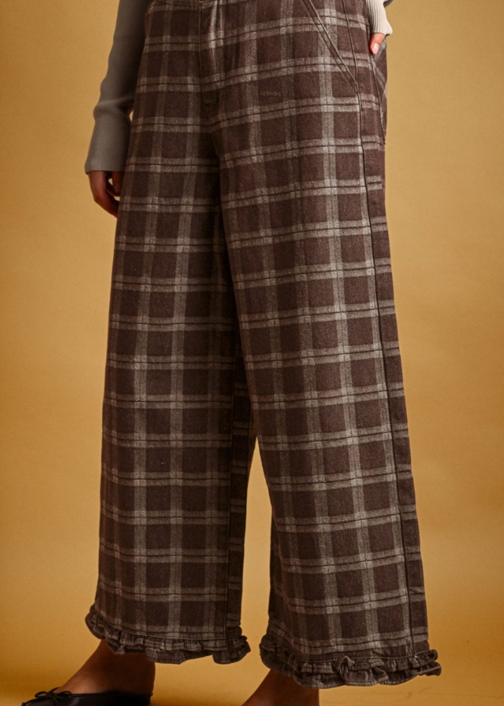 MIOU MUSE Ruffle Detail with Plaid Fabric Pants