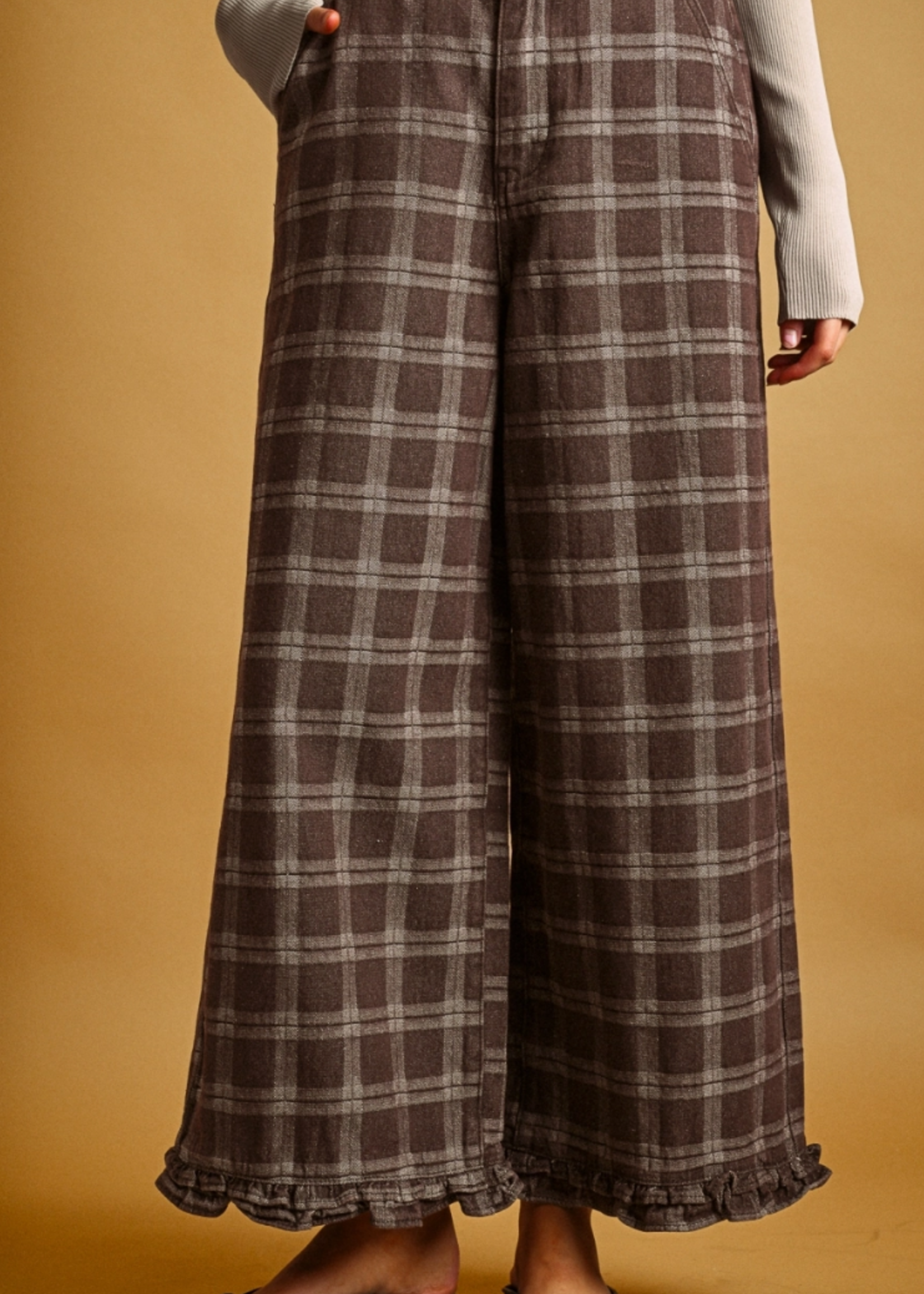 MIOU MUSE Ruffle Detail with Plaid Fabric Pants