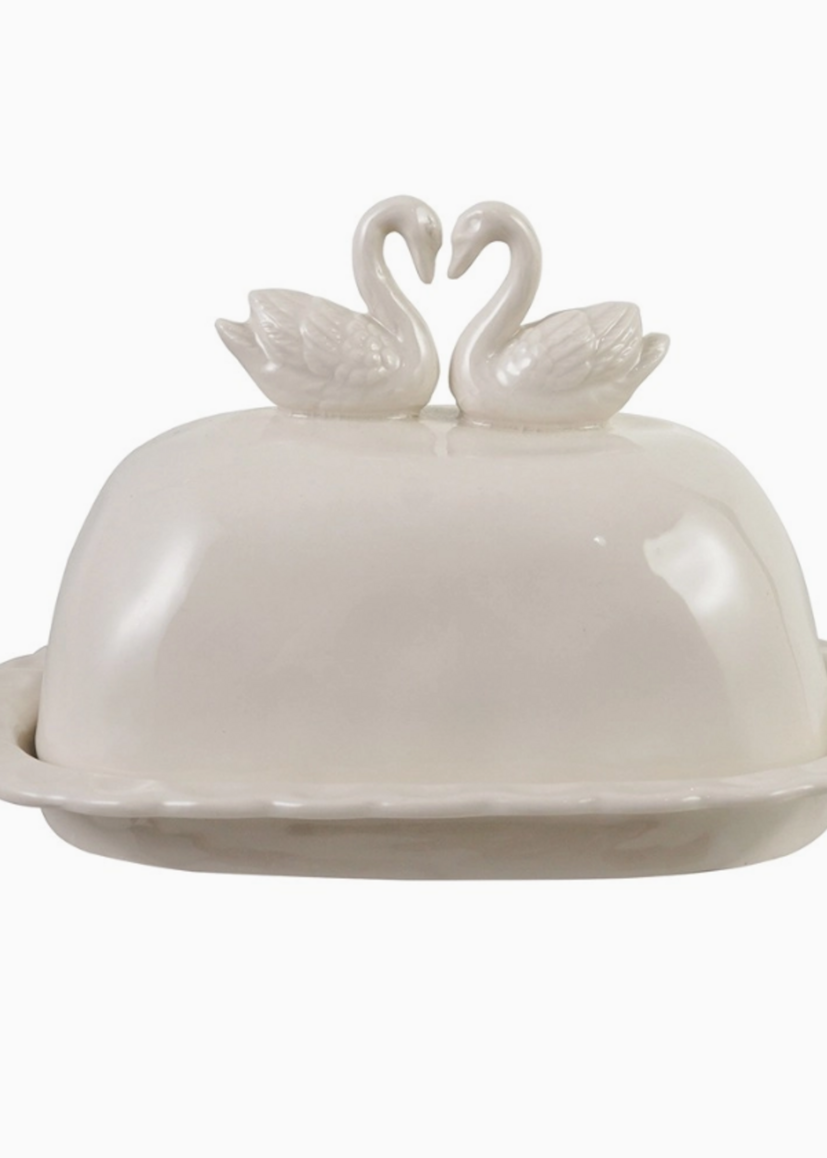 Hazel Mazel Stoneware Scalloped Butter Dish W Swans