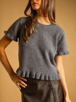 MIOU MUSE Ruffle Hem Short Sleeve Sweater Top