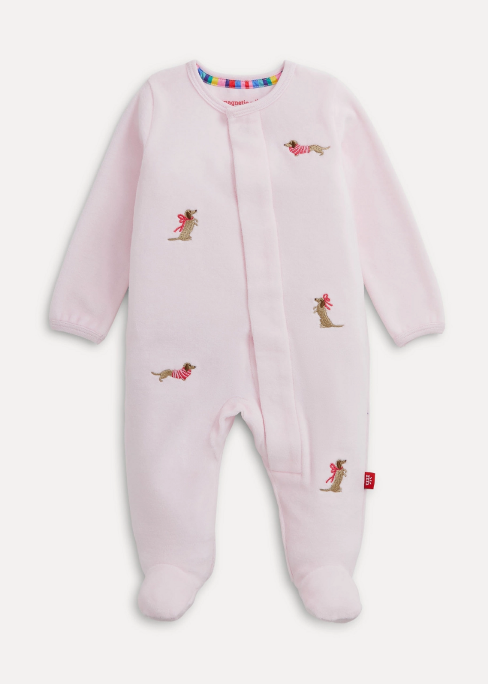 Magnetic Me Embroidery Dogs Pink Velour Footie