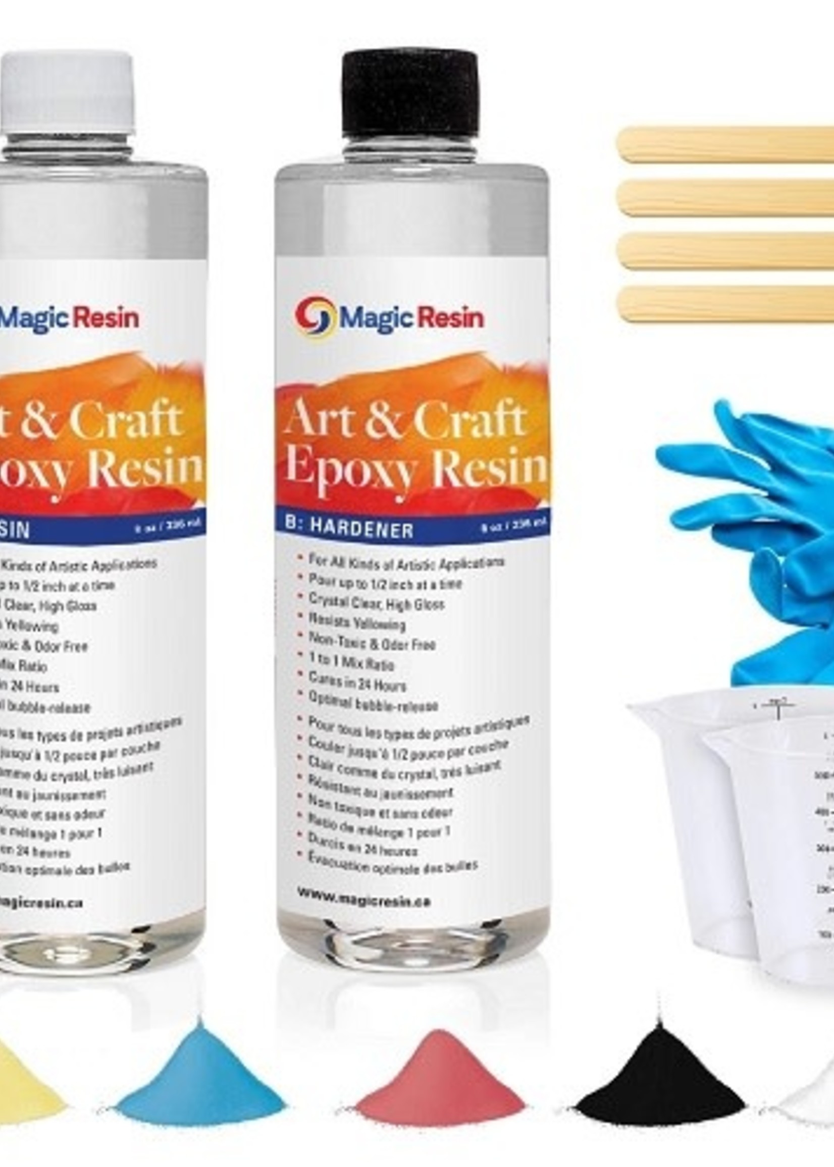 Magic Resin 16 Oz (473 ml) | Art & Craft Epoxy Resin Kit | Includes 3 pairs of gloves, 2 cups, 4 sticks & 5 x 5g mica powder bags