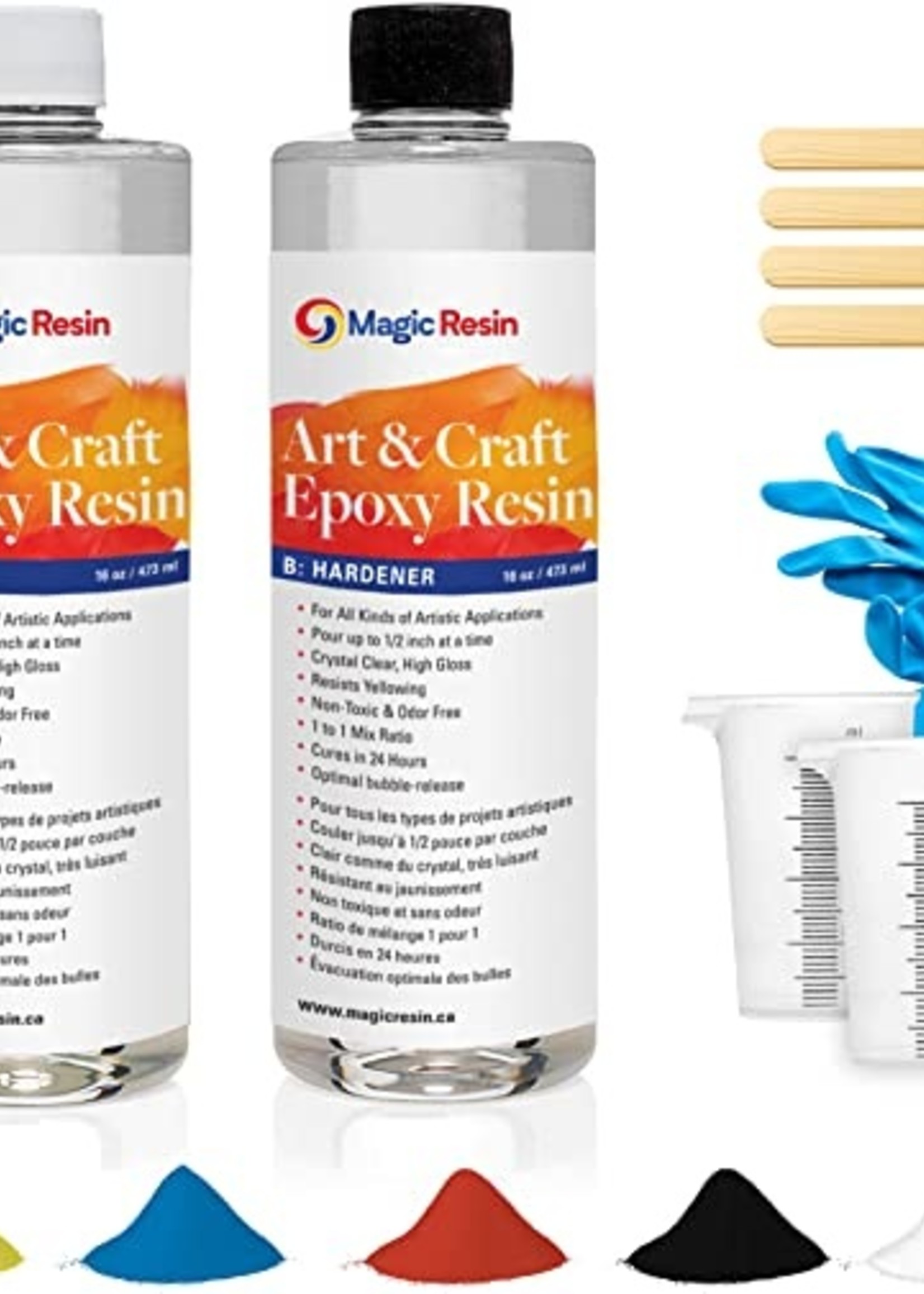Magic Resin 32 Oz (946 ml)  Art & Craft Epoxy Resin Kit  Includes 3 pairs of gloves, 2 cups, 4 sticks & 5 x 5g mica powder bags