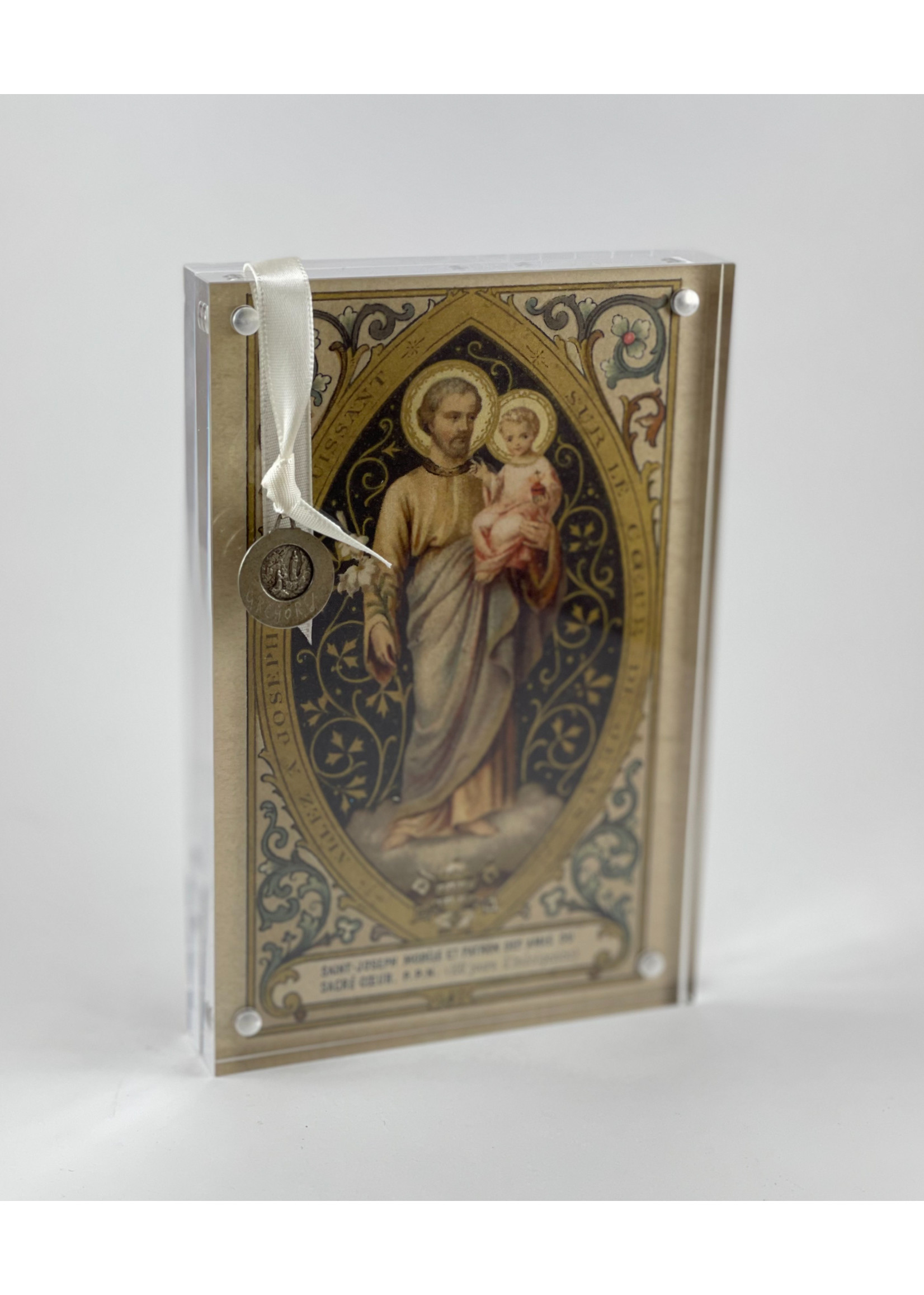 St Joseph prayer card and metal in acrylic