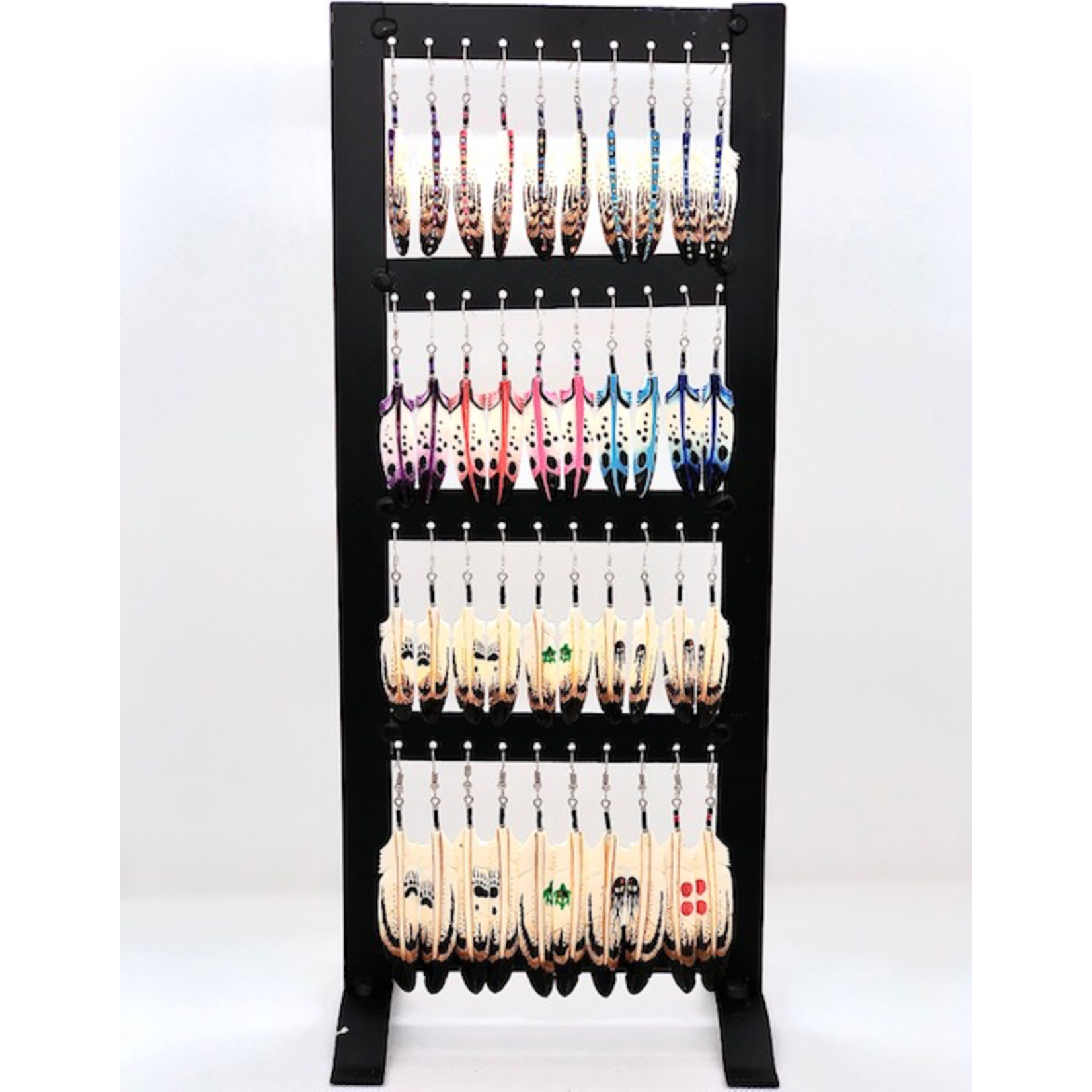 DISPLAY RACK - 20 CARVED BONE FEATHER  HAND PAINTED EARRINGS
