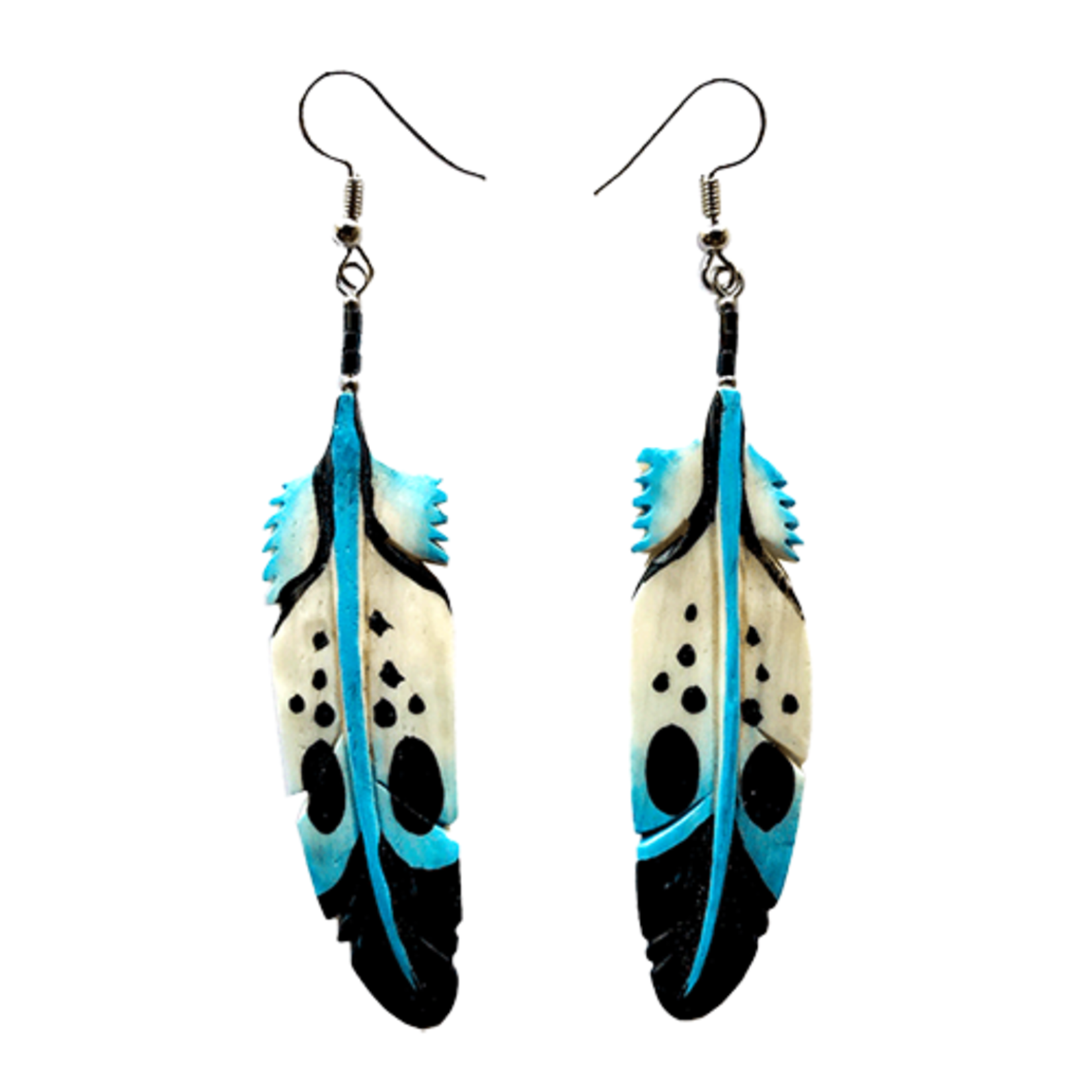 CARVED BONE EARRING - COLOURFUL FEATHER