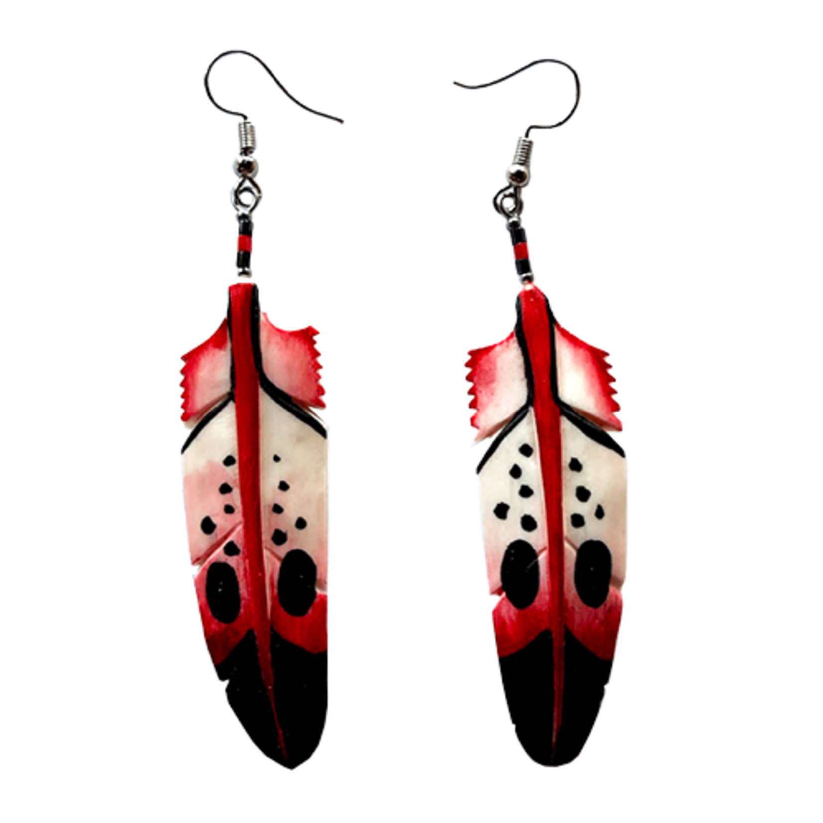 CARVED BONE EARRING - COLOURFUL FEATHER