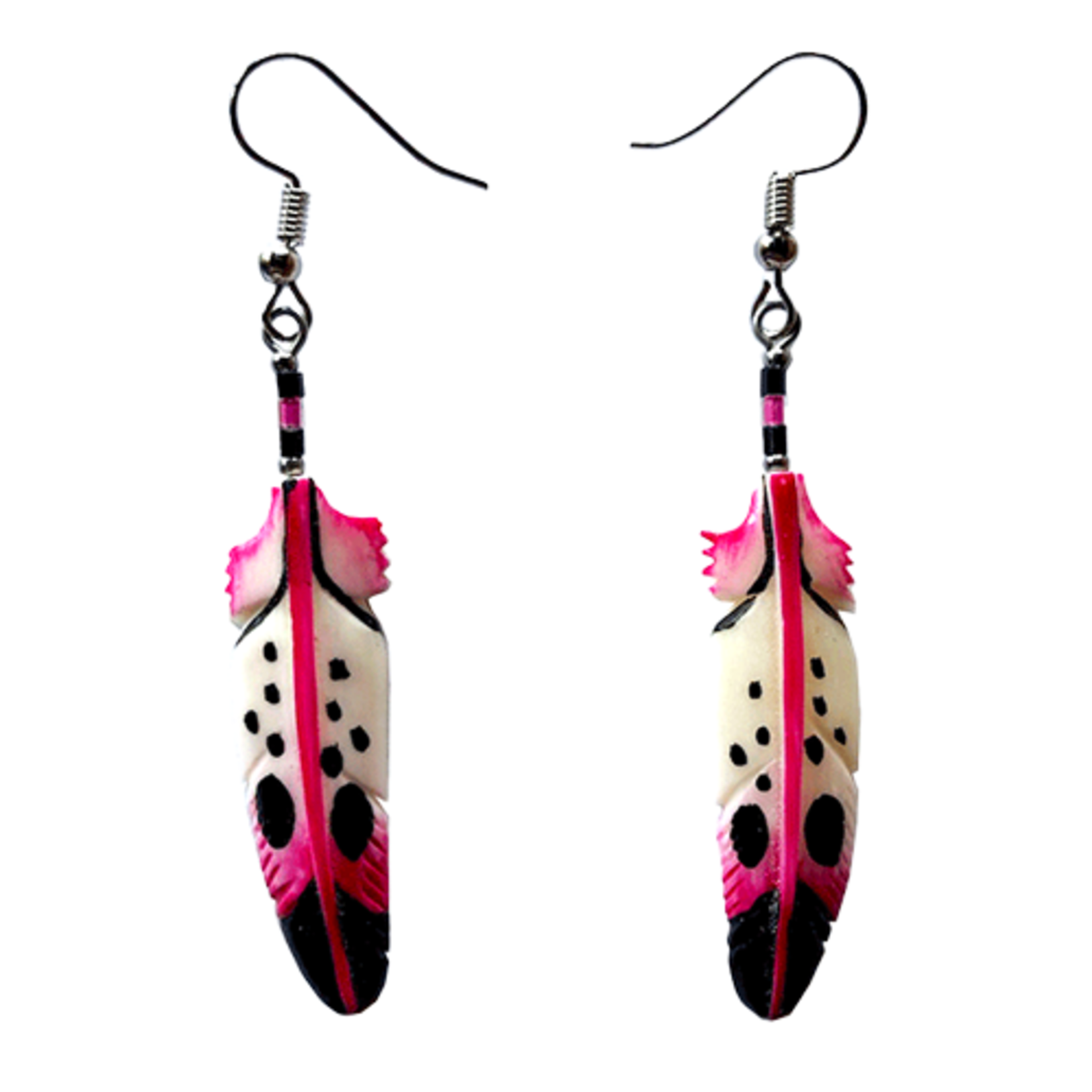CARVED BONE EARRING - COLOURFUL FEATHER