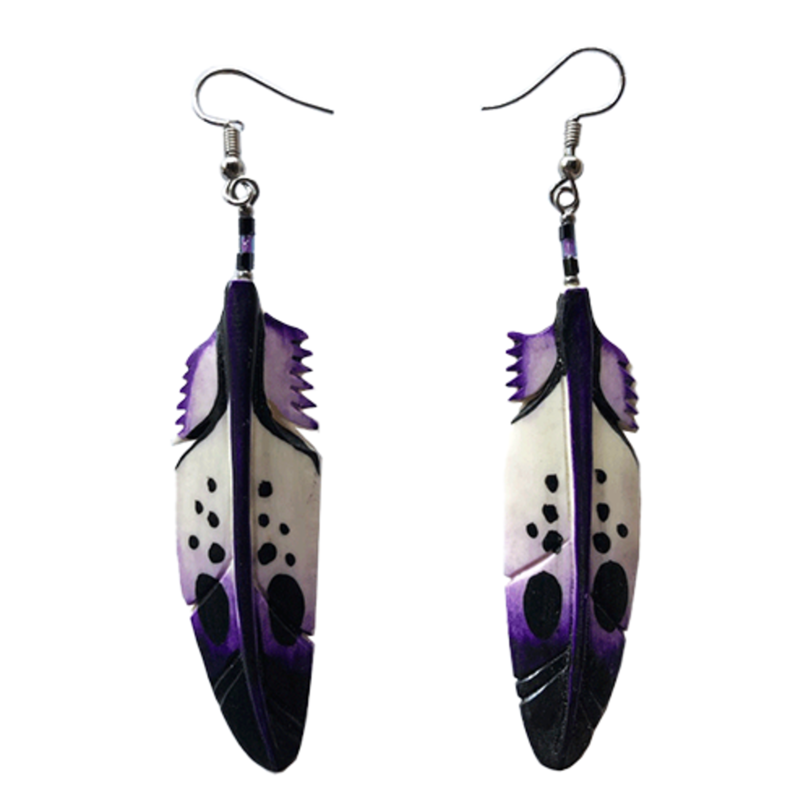 CARVED BONE EARRING - COLOURFUL FEATHER