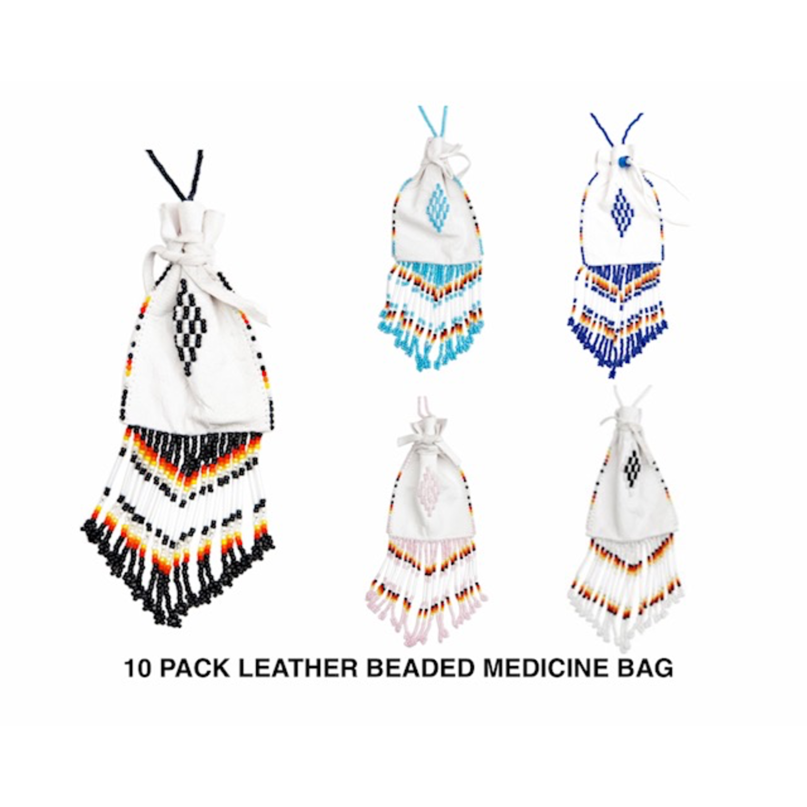 BEADED LEATHER MEDICINE BAG - 10 PACK ASSORTED