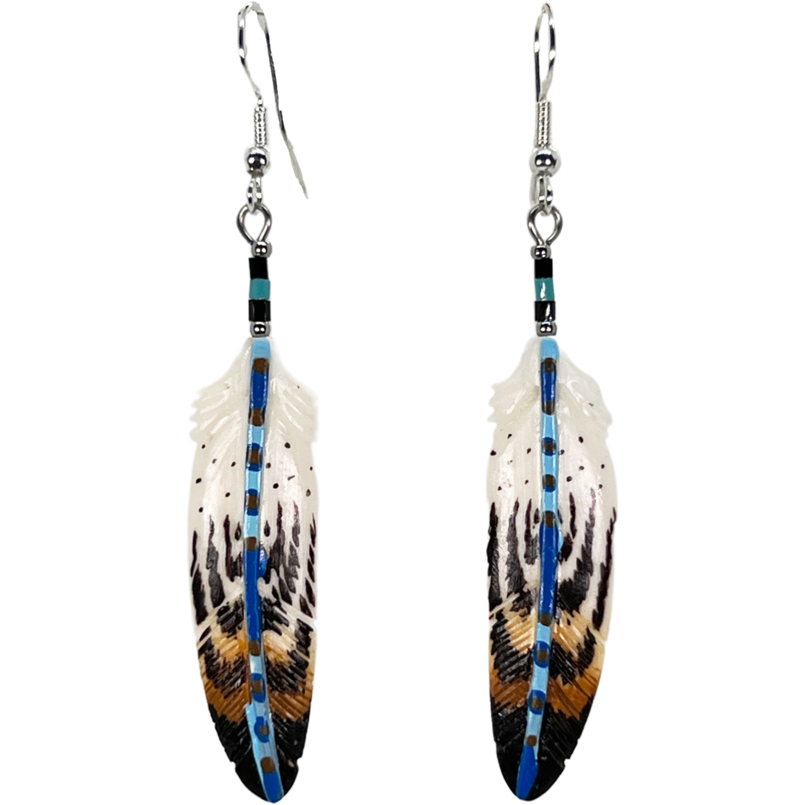 CARVED BONE EARRINGS - FEATHER PAINTED STEM