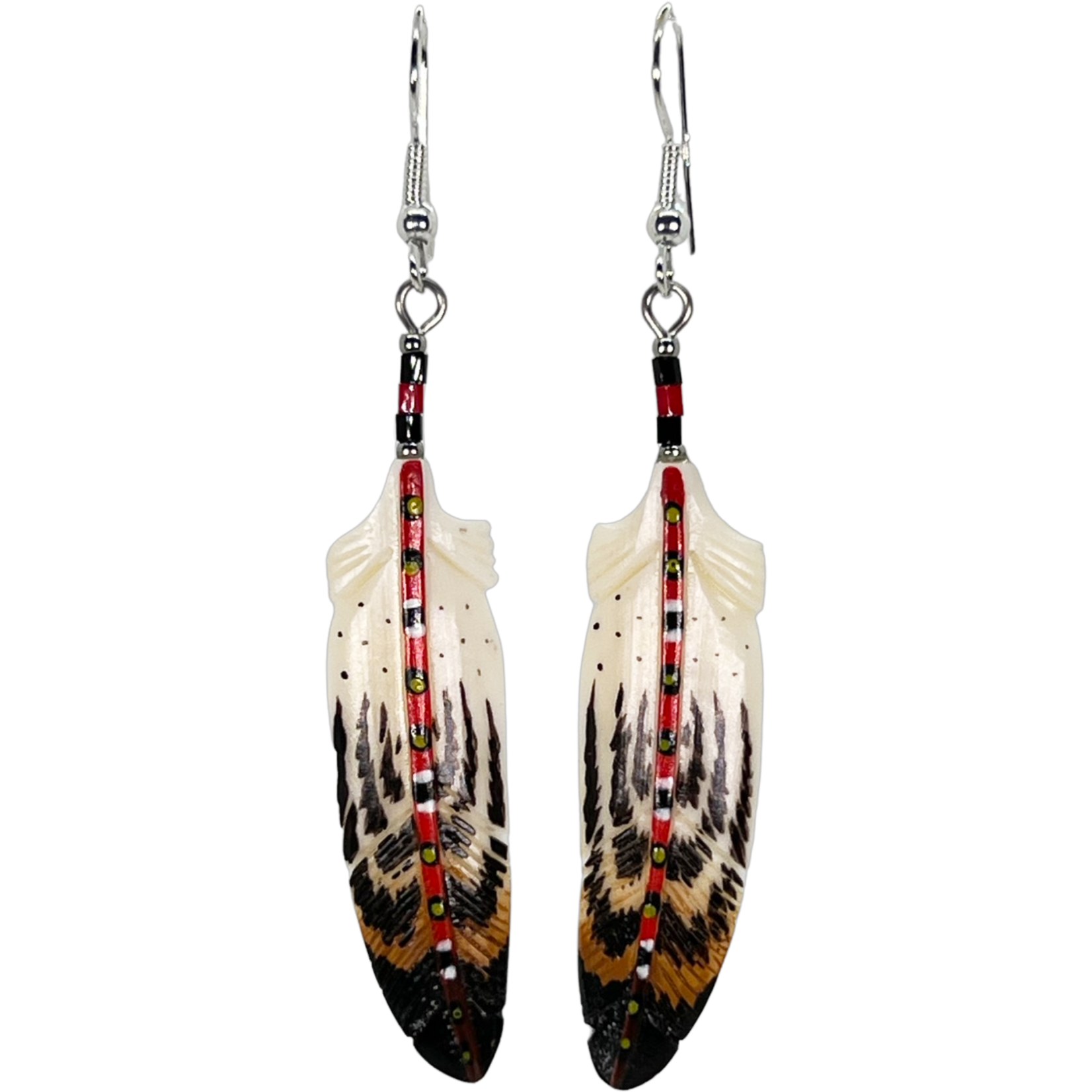 CARVED BONE EARRINGS - FEATHER PAINTED STEM