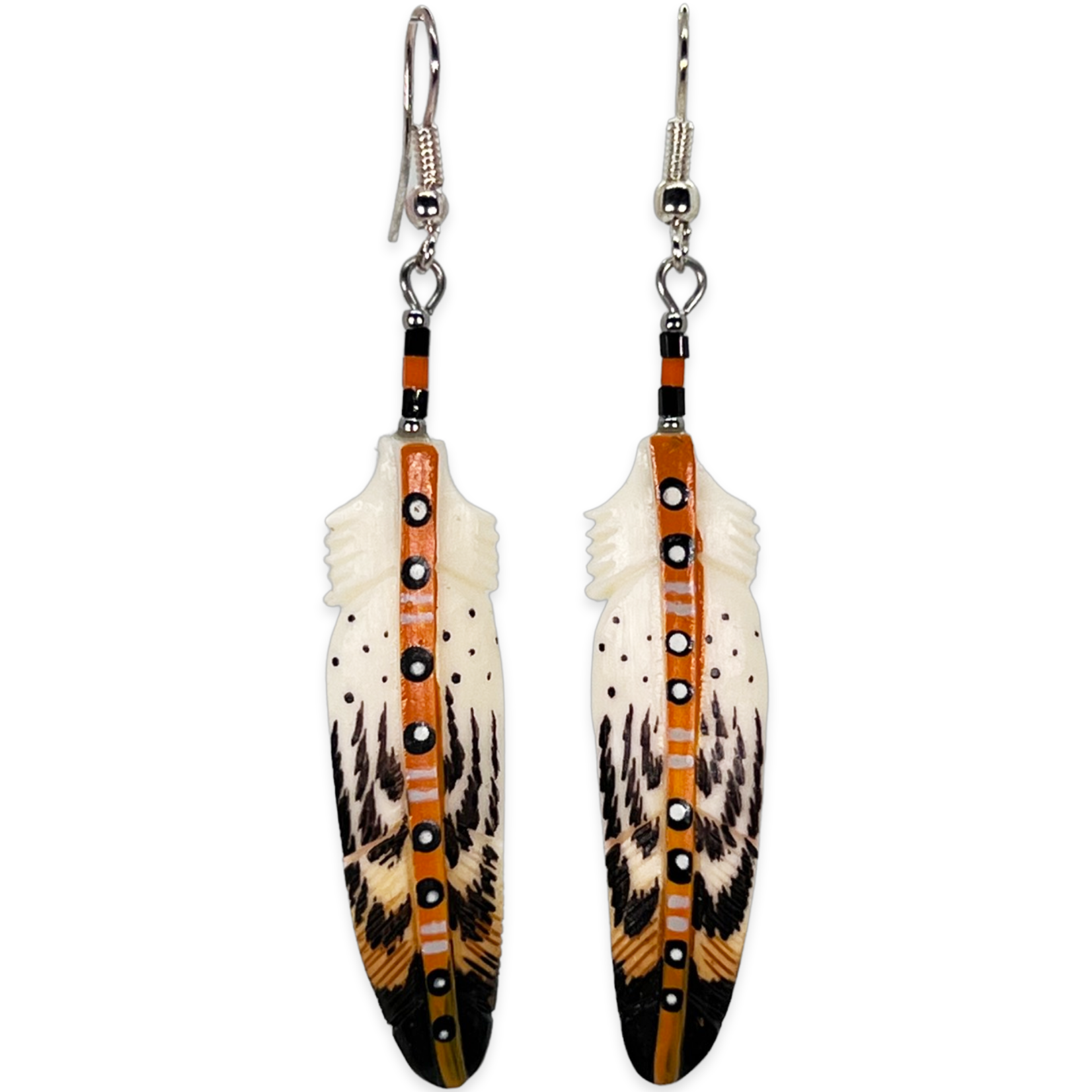 CARVED BONE EARRINGS - FEATHER PAINTED STEM