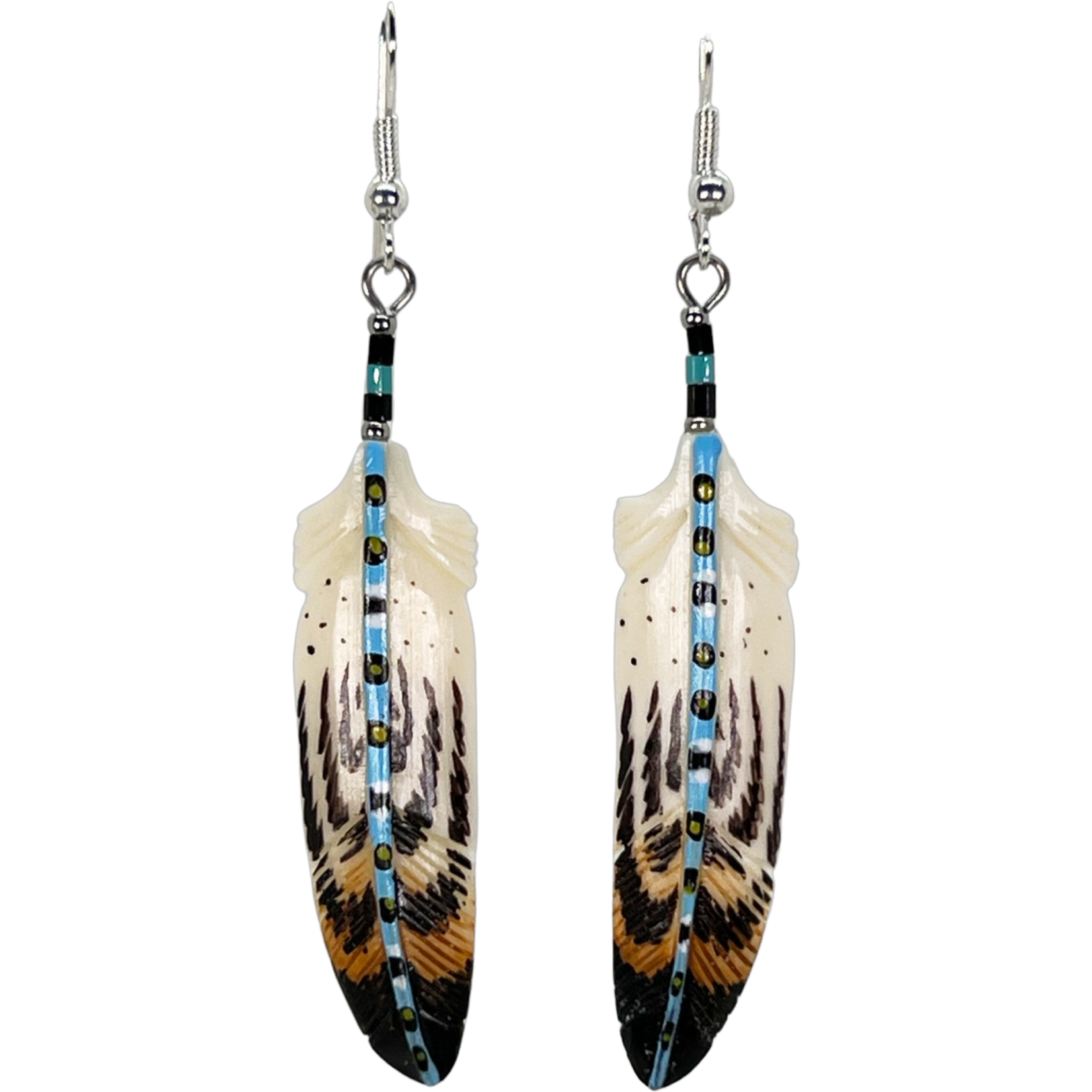CARVED BONE EARRINGS - FEATHER PAINTED STEM