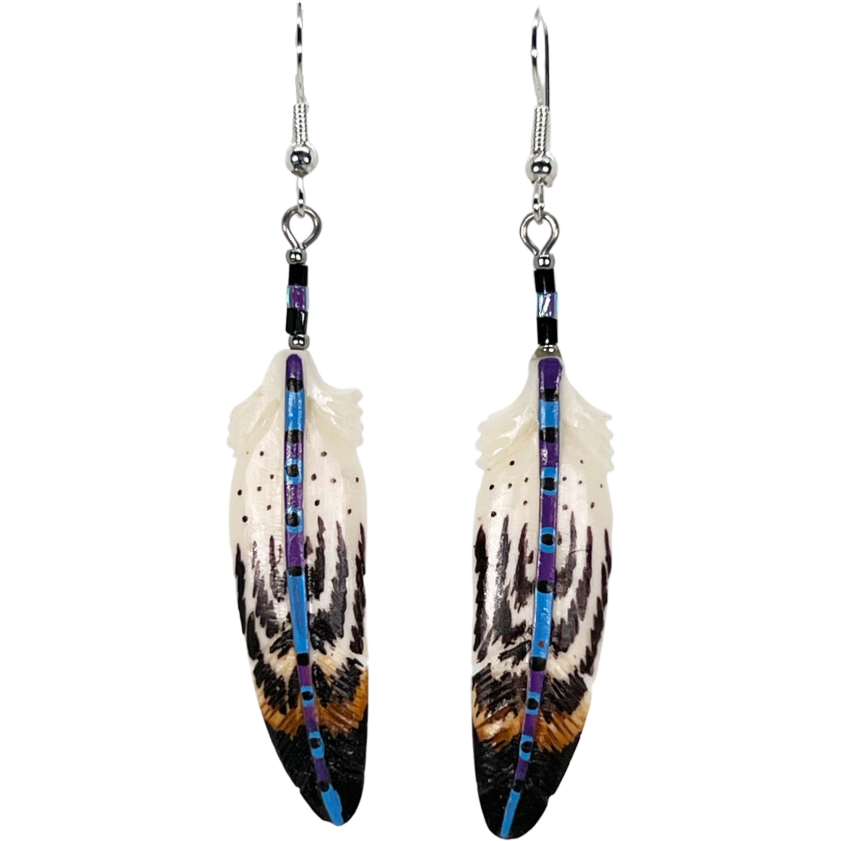 CARVED BONE EARRINGS - FEATHER PAINTED STEM
