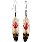CARVED BONE EARRINGS - SYMBOL FEATHER - RED HAND