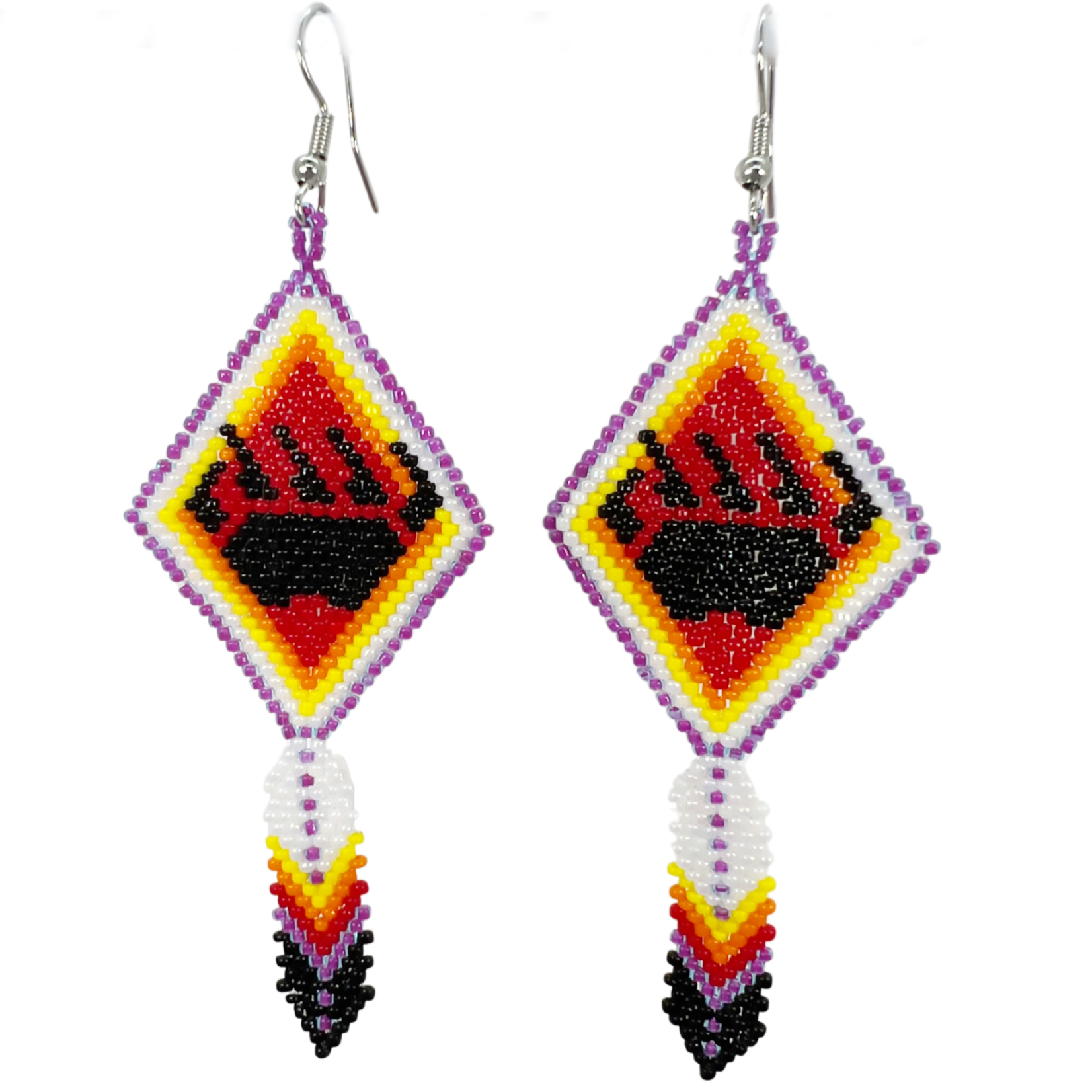 BRICK STITCH EARRING - BEAR PAW W/ FEATHER