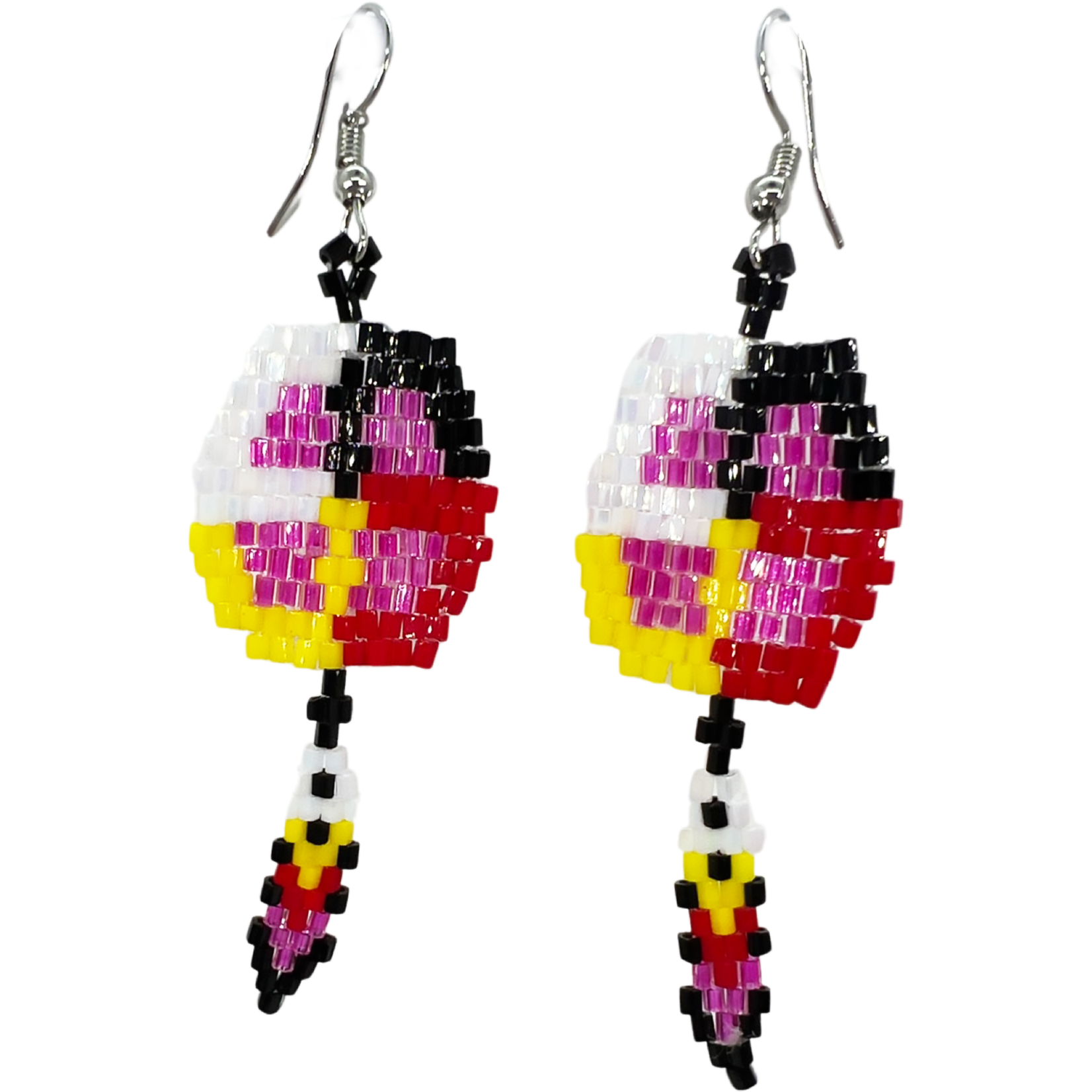 BRICK STITCH EARRINGS - MEDICINE WHEEL W/ FEATHER