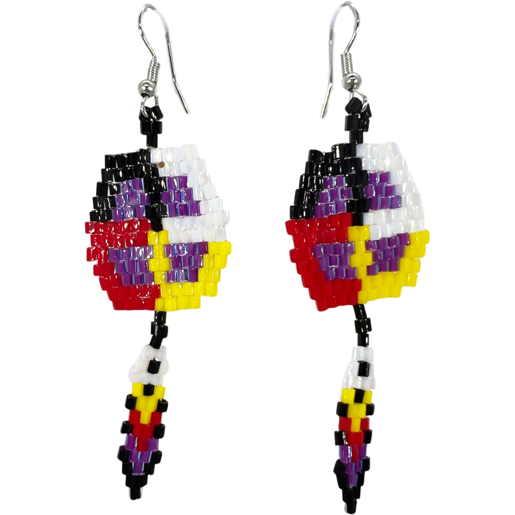 BRICK STITCH EARRINGS - MEDICINE WHEEL W/ FEATHER