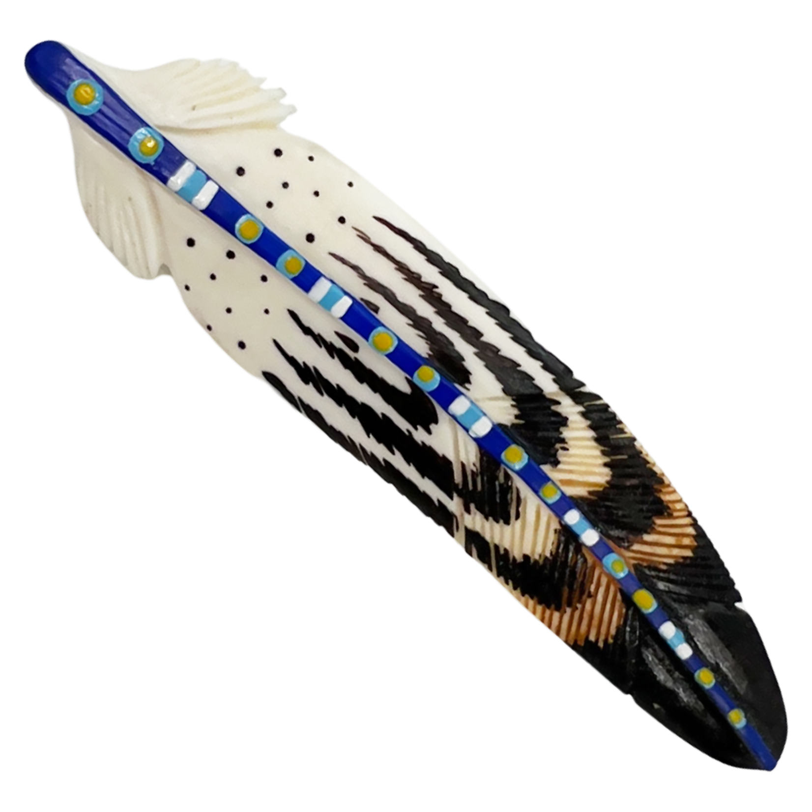 CARVED BONE BARRETTE - FEATHER PAINTED STEM