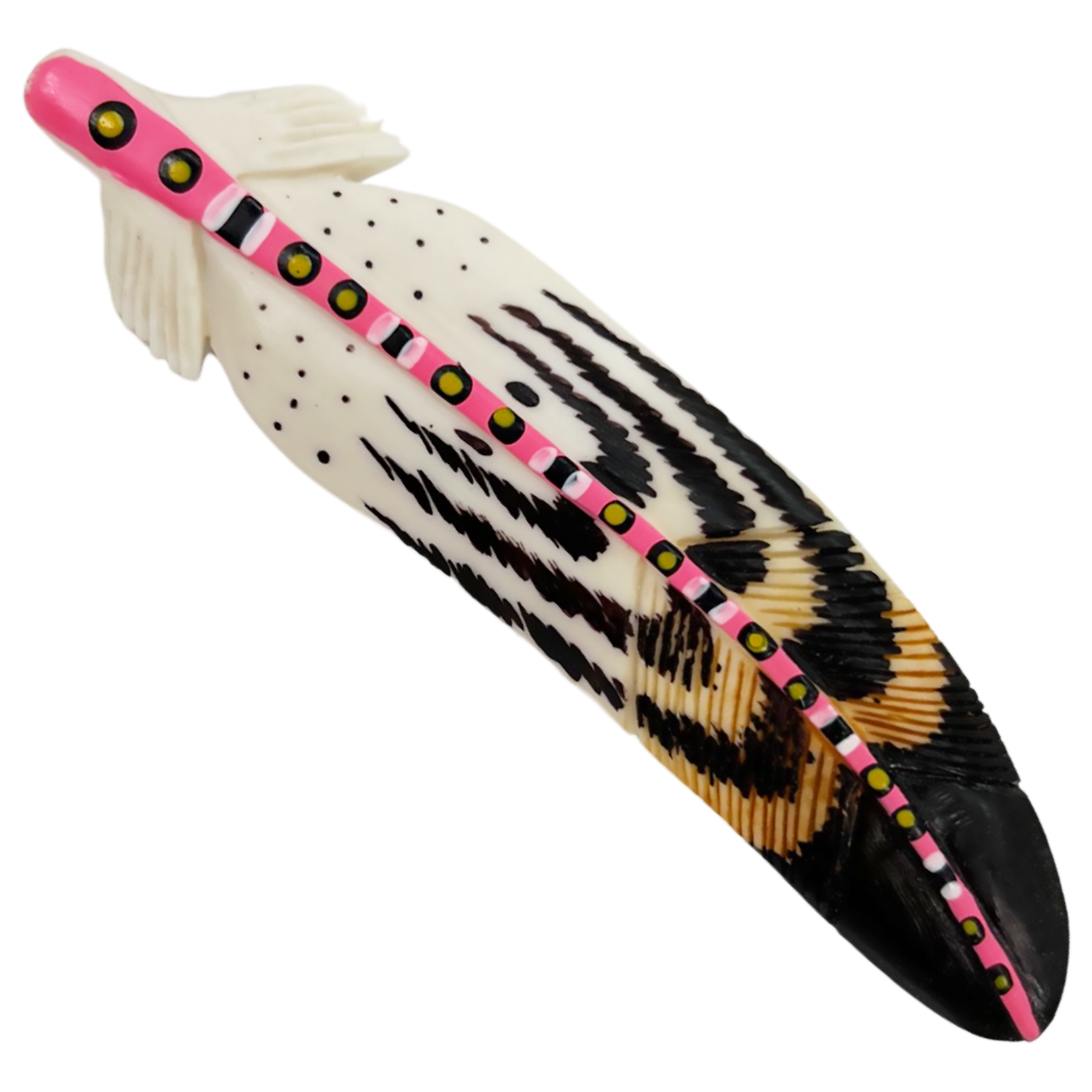 CARVED BONE BARRETTE - FEATHER PAINTED STEM