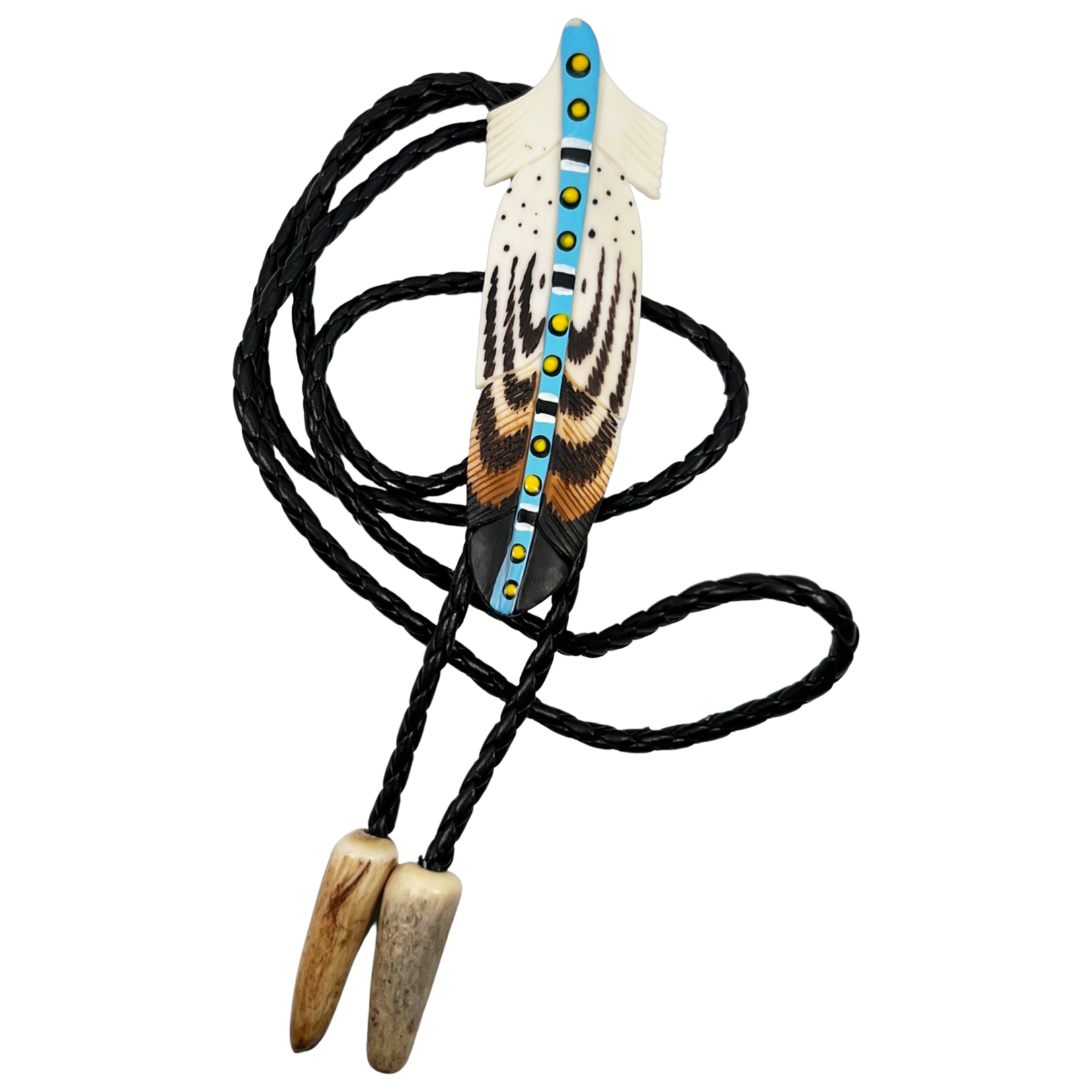 CARVED BONE BOLO TIE - FEATHER PAINTED STEM