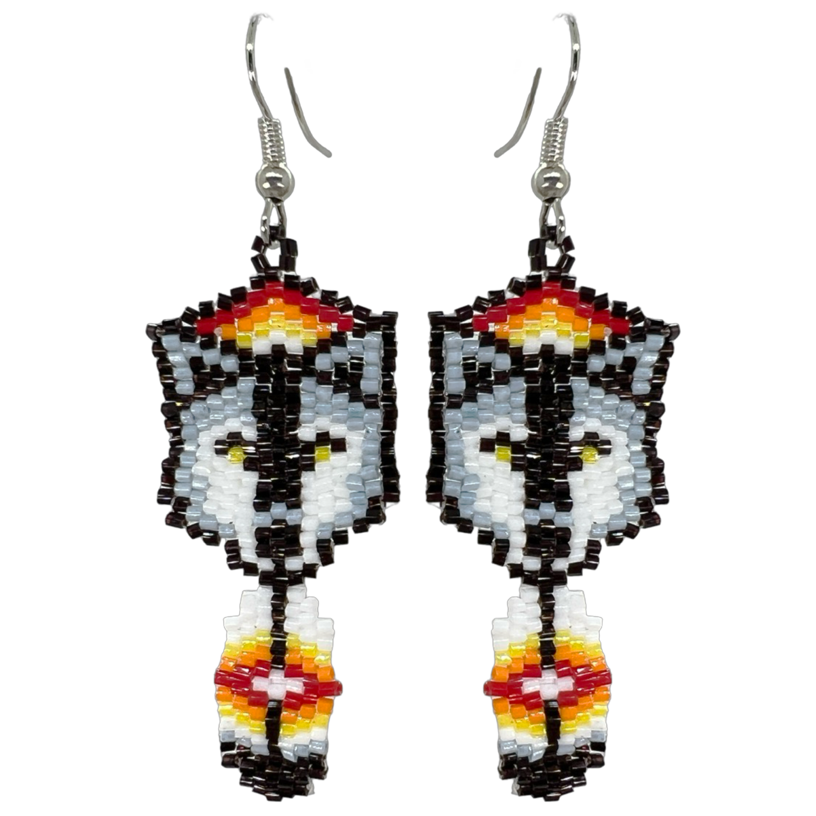 BRICK STITCH EARRING - WOLF W/ FEATHER
