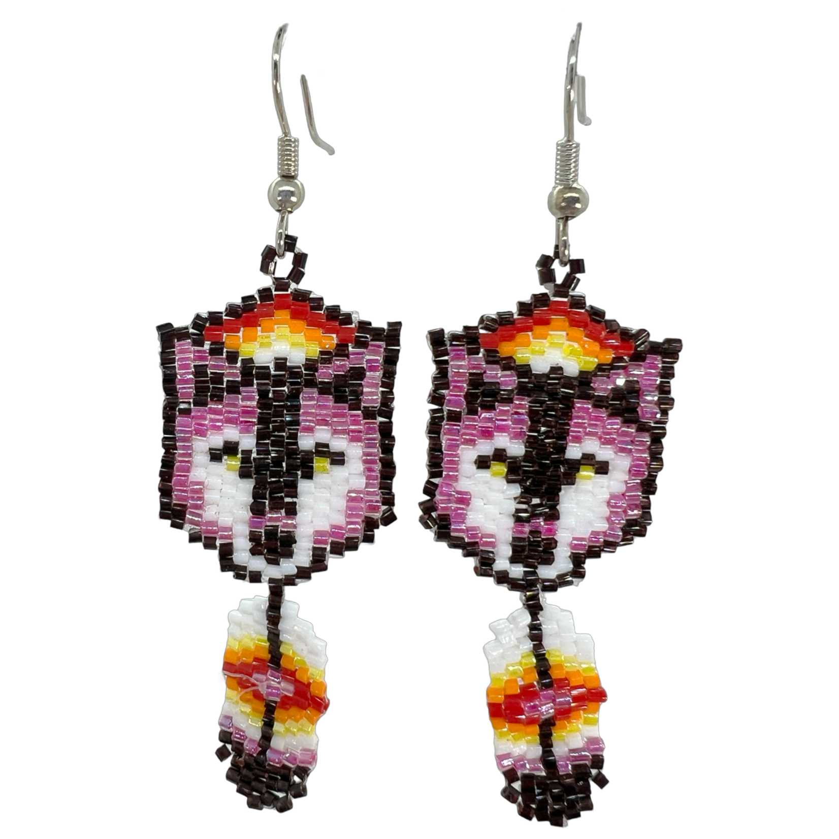 BRICK STITCH EARRING - WOLF W/ FEATHER
