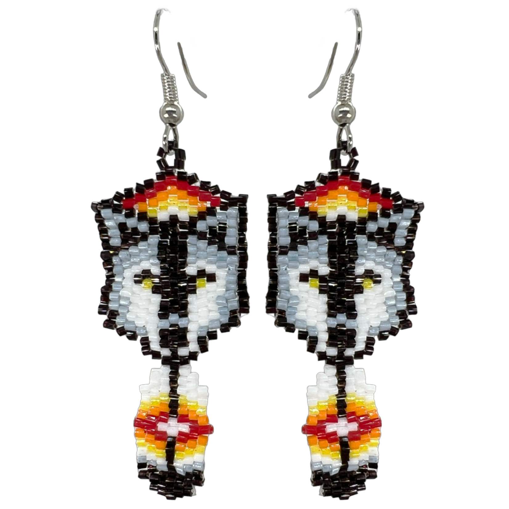 BRICK STITCH EARRING - WOLF W/ FEATHER
