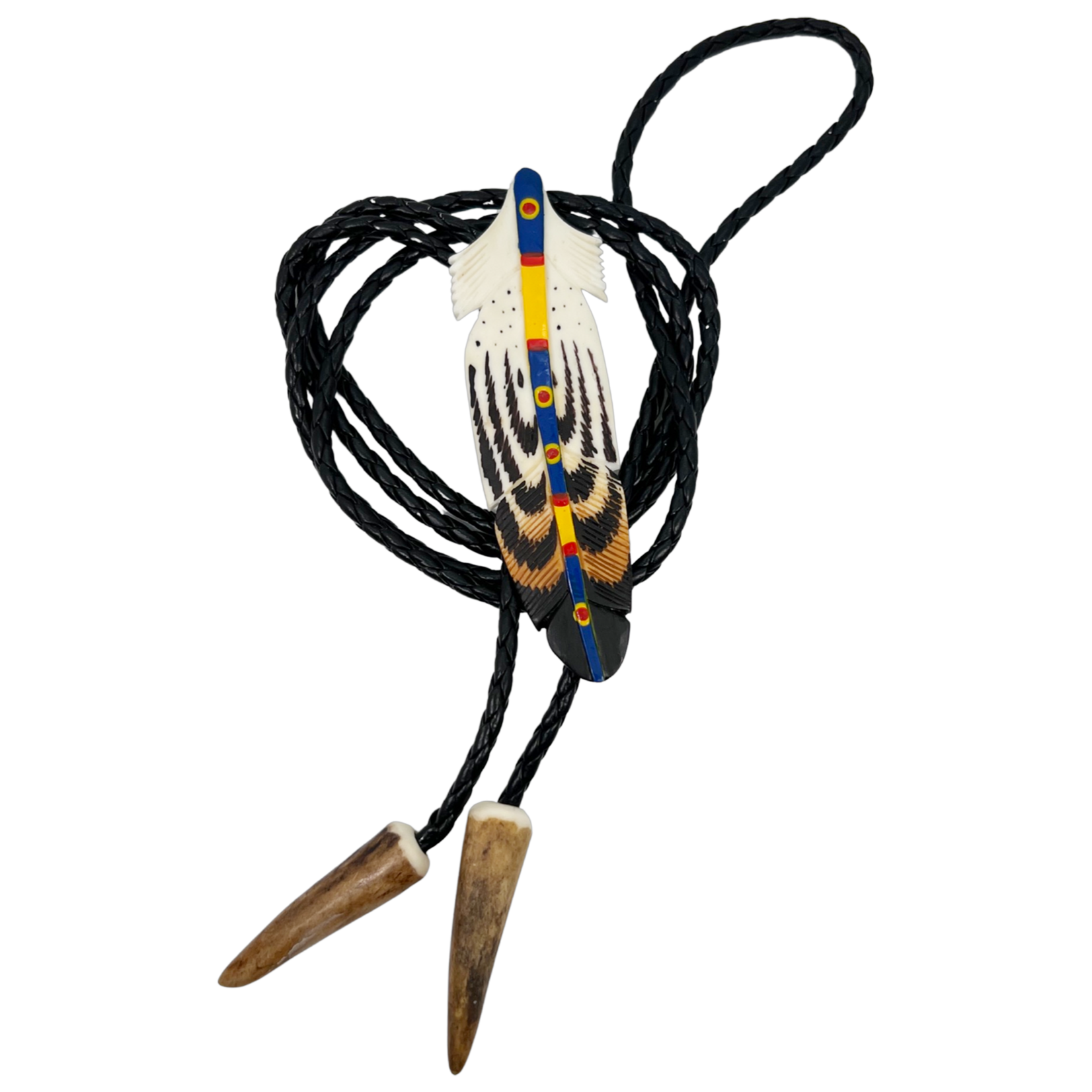 CARVED BONE BOLO TIE - FEATHER PAINTED STEM