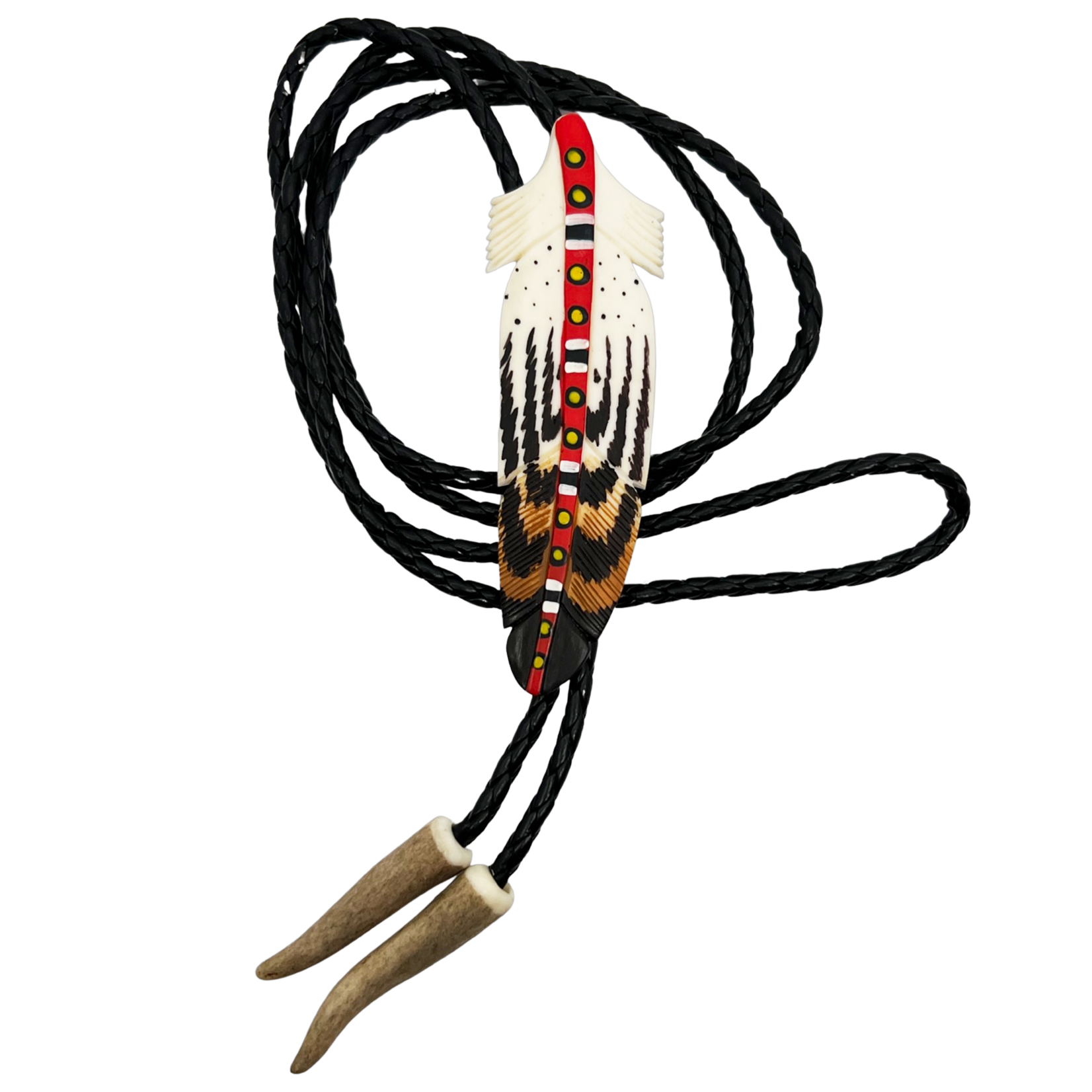 CARVED BONE BOLO TIE - FEATHER PAINTED STEM