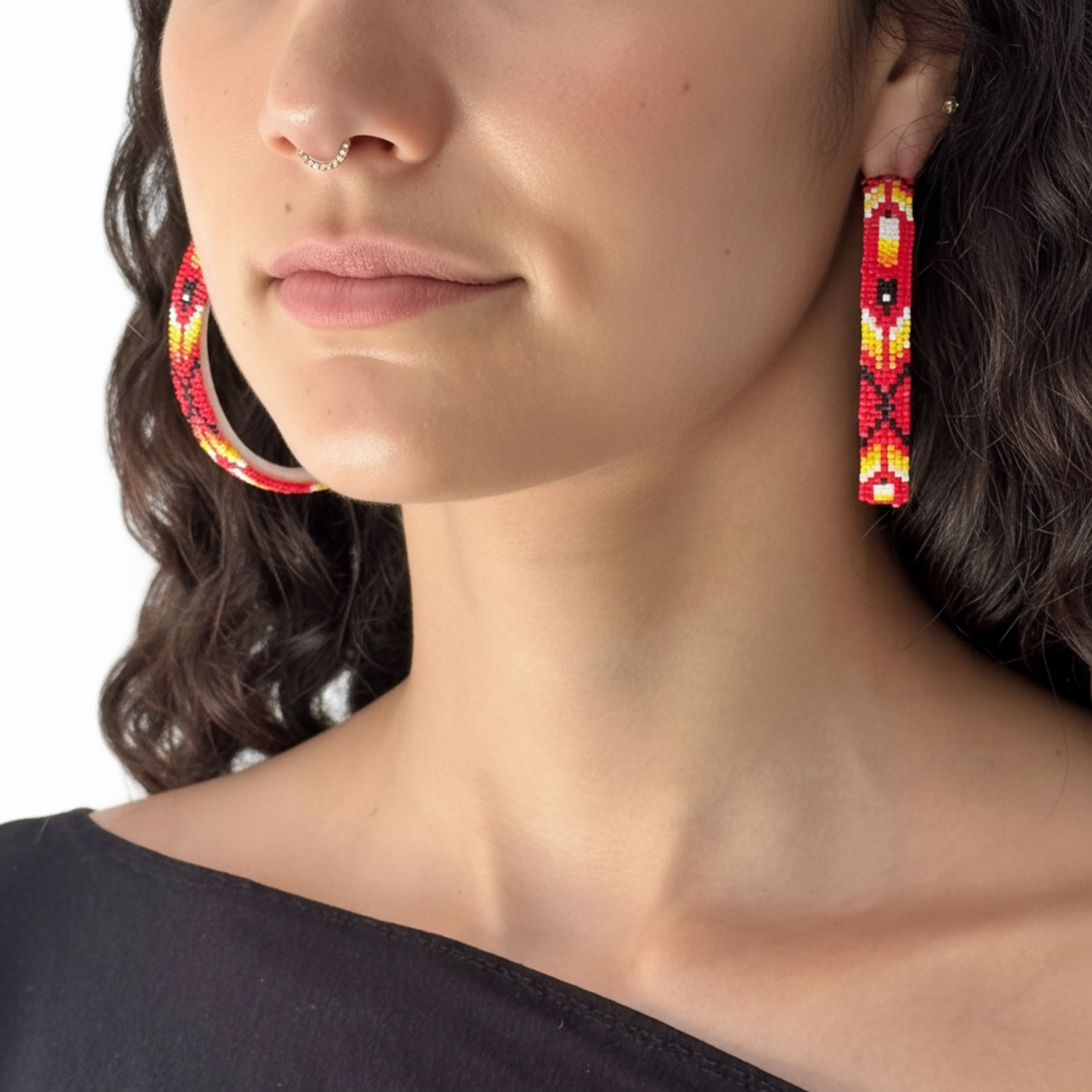 PEYOTE STITCH HOOP EARRINGS - FEATHER - 6CM
