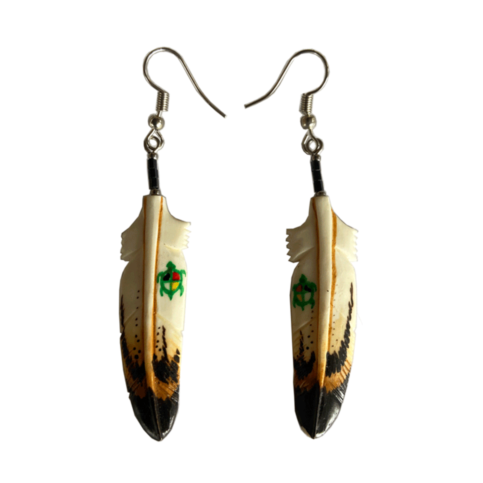 CARVED BONE EARRINGS - SYMBOL FEATHER - TURTLE