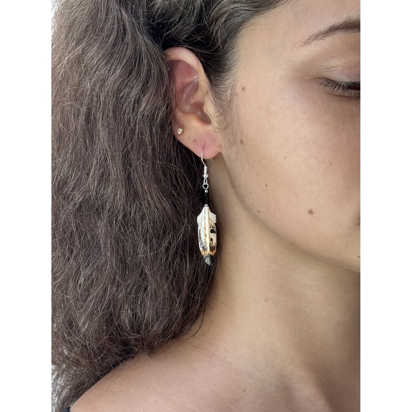 CARVED BONE EARRINGS - SYMBOL FEATHER - BEAR PAW