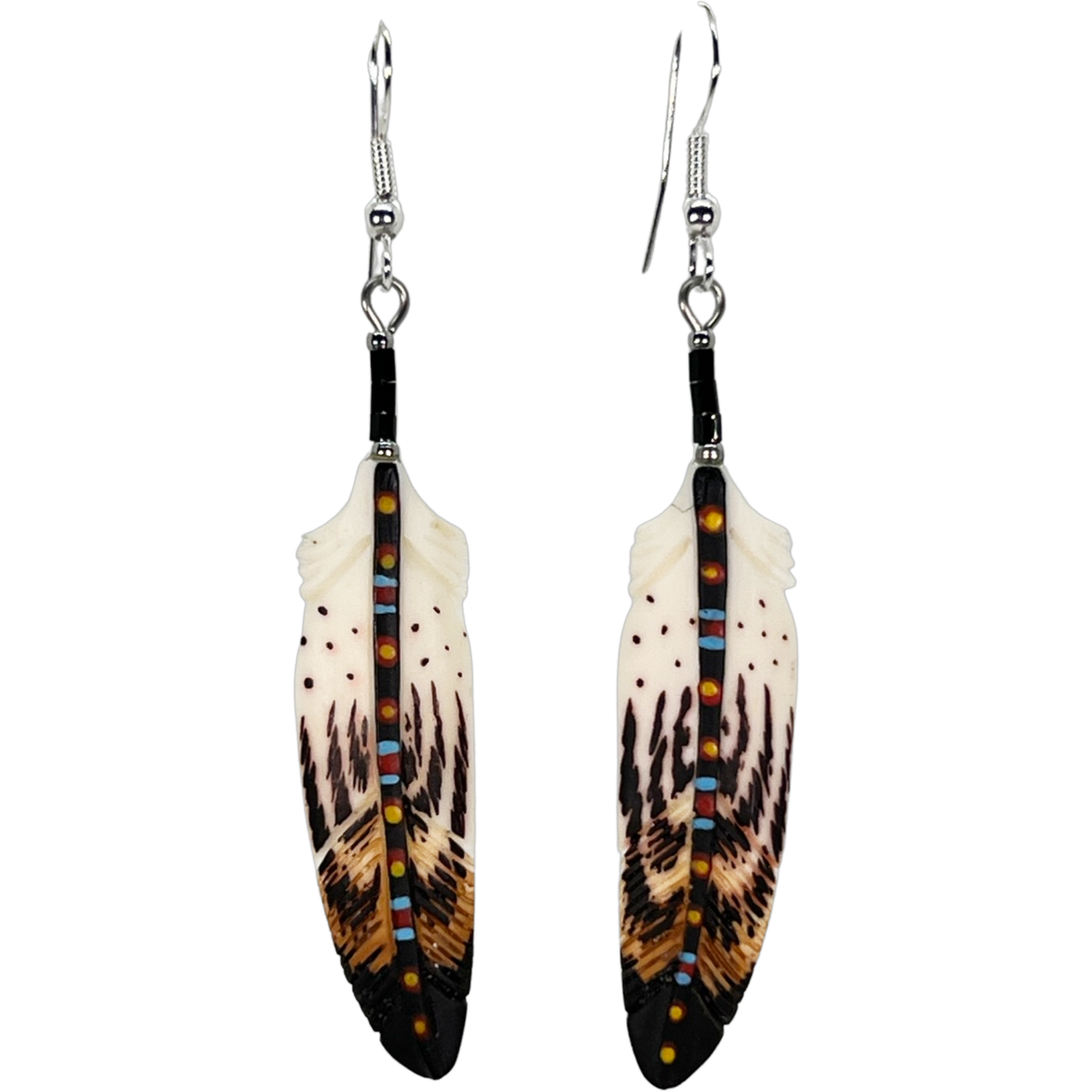 CARVED BONE EARRINGS - FEATHER PAINTED STEM