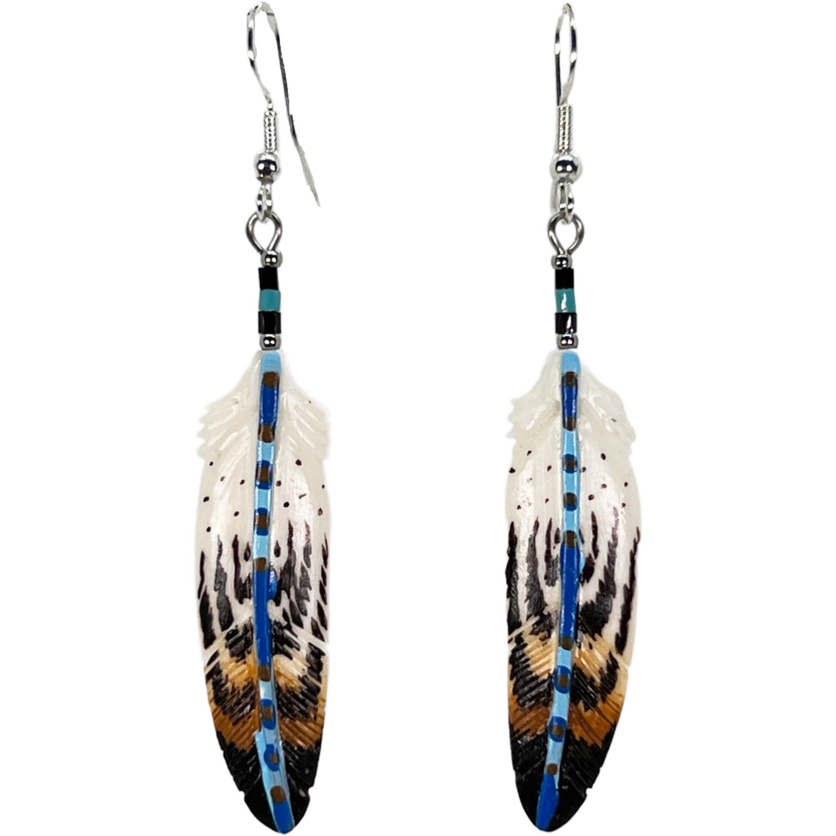 CARVED BONE EARRINGS - FEATHER PAINTED STEM