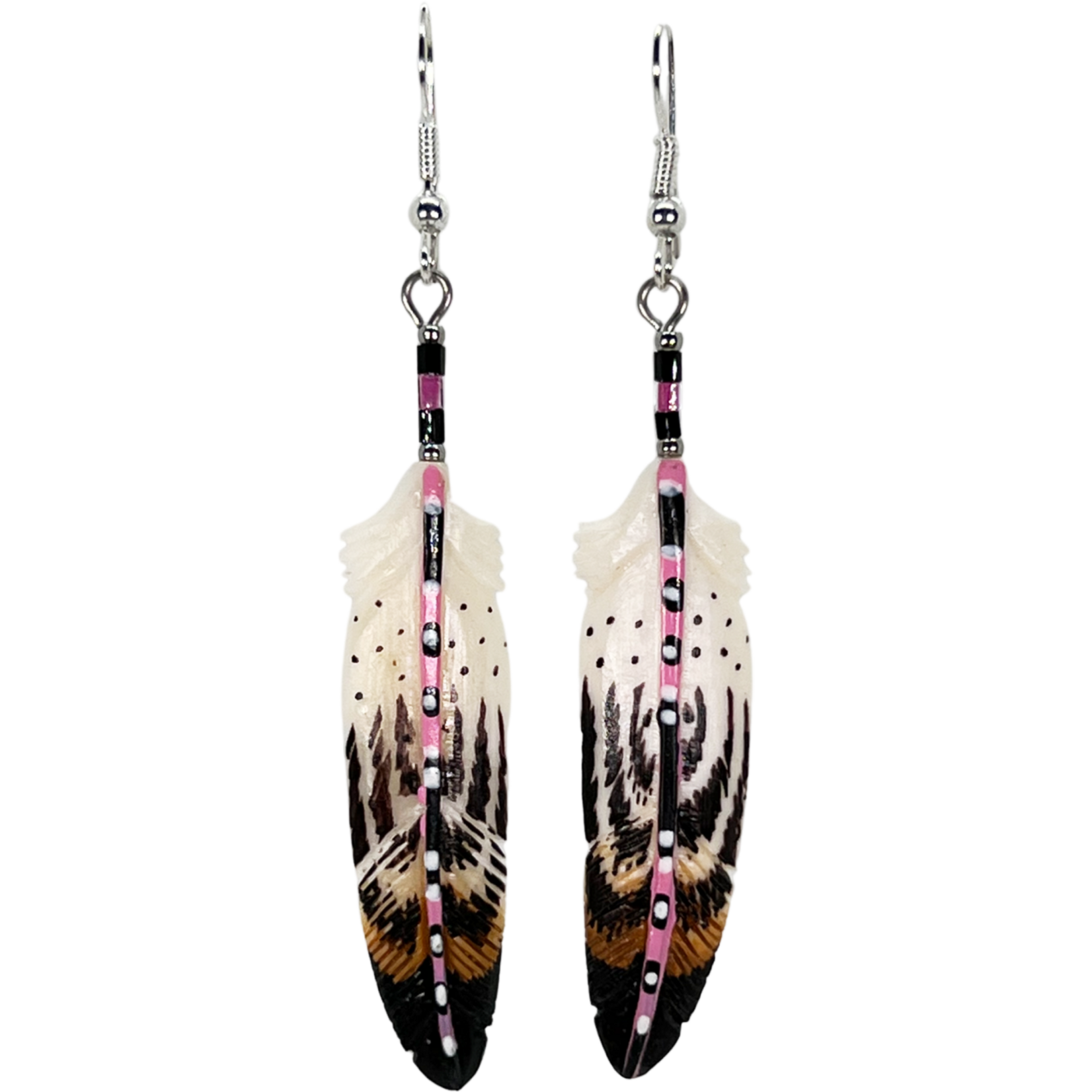 CARVED BONE EARRINGS - FEATHER PAINTED STEM
