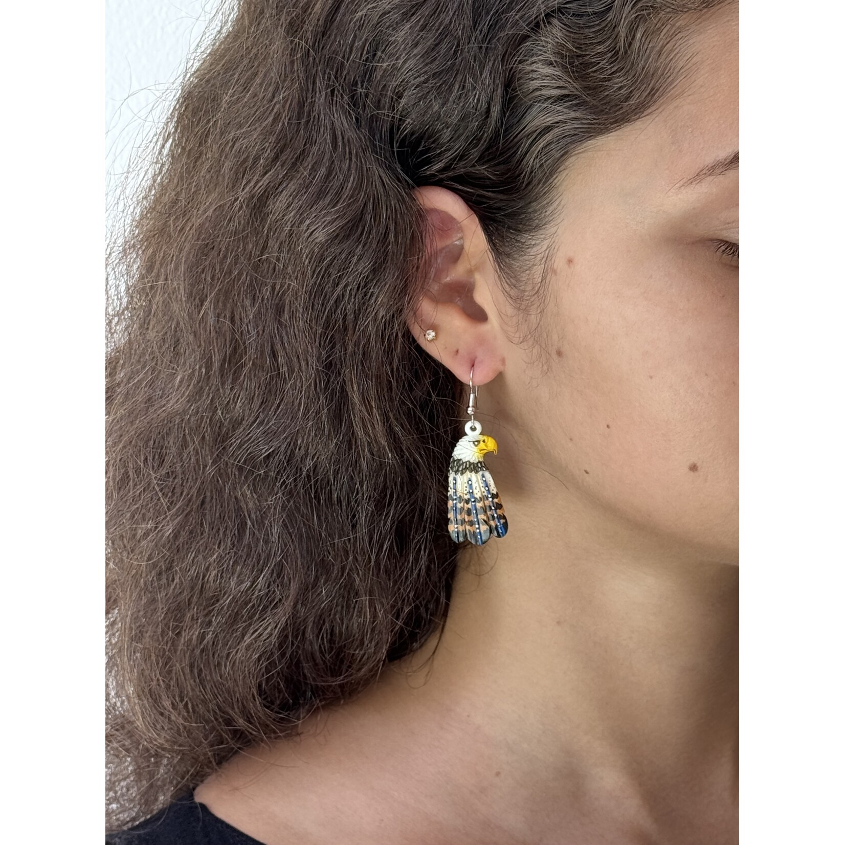 CARVED BONE EARRING - EAGLE WITH FEATHERS