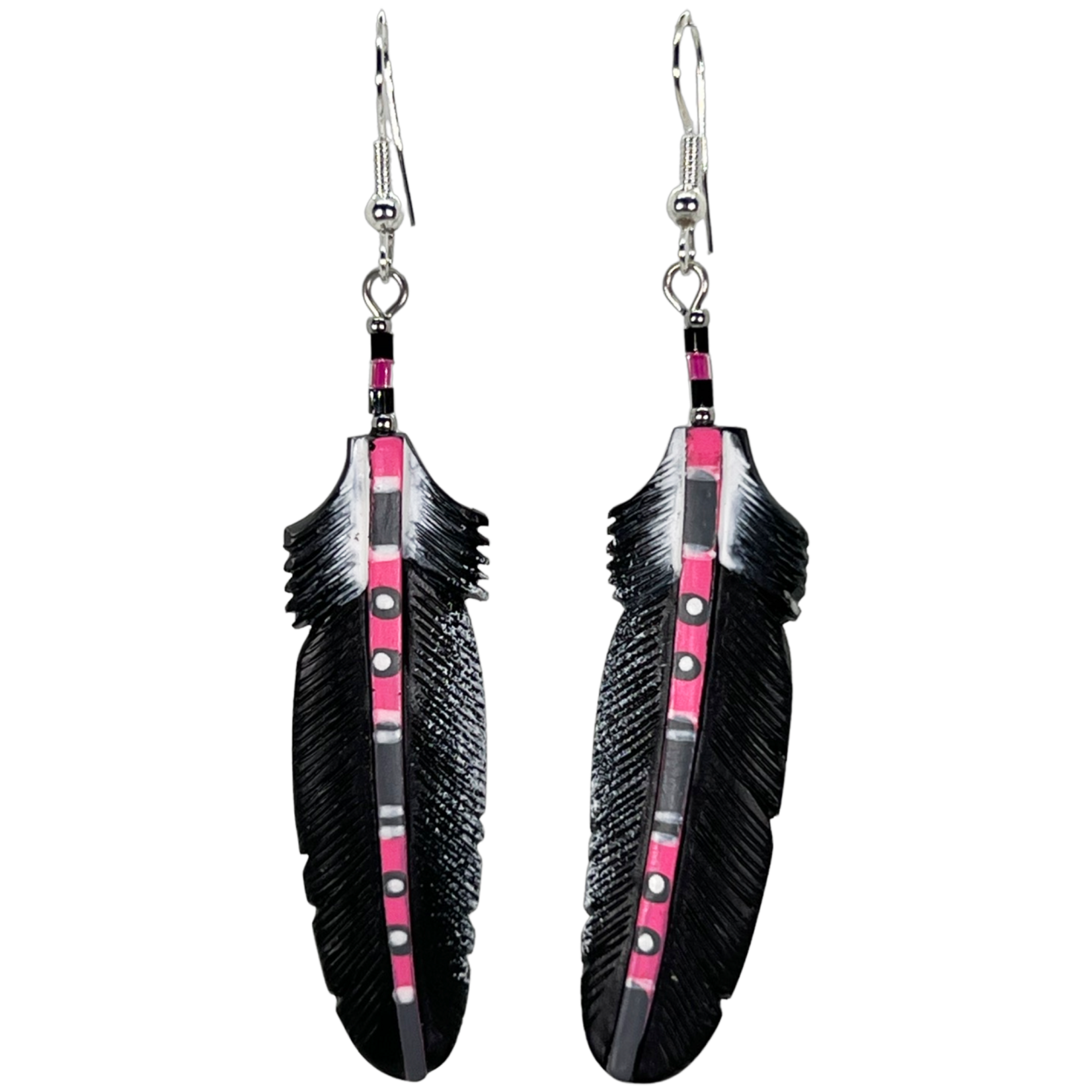 CARVED BONE EARRING - RAVEN FEATHER PAINTED STEM