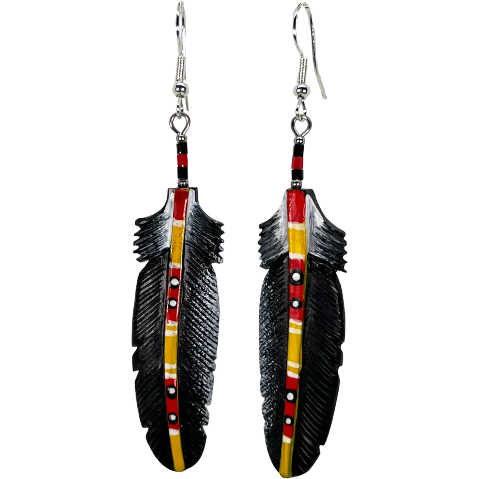 CARVED BONE EARRING - RAVEN FEATHER PAINTED STEM
