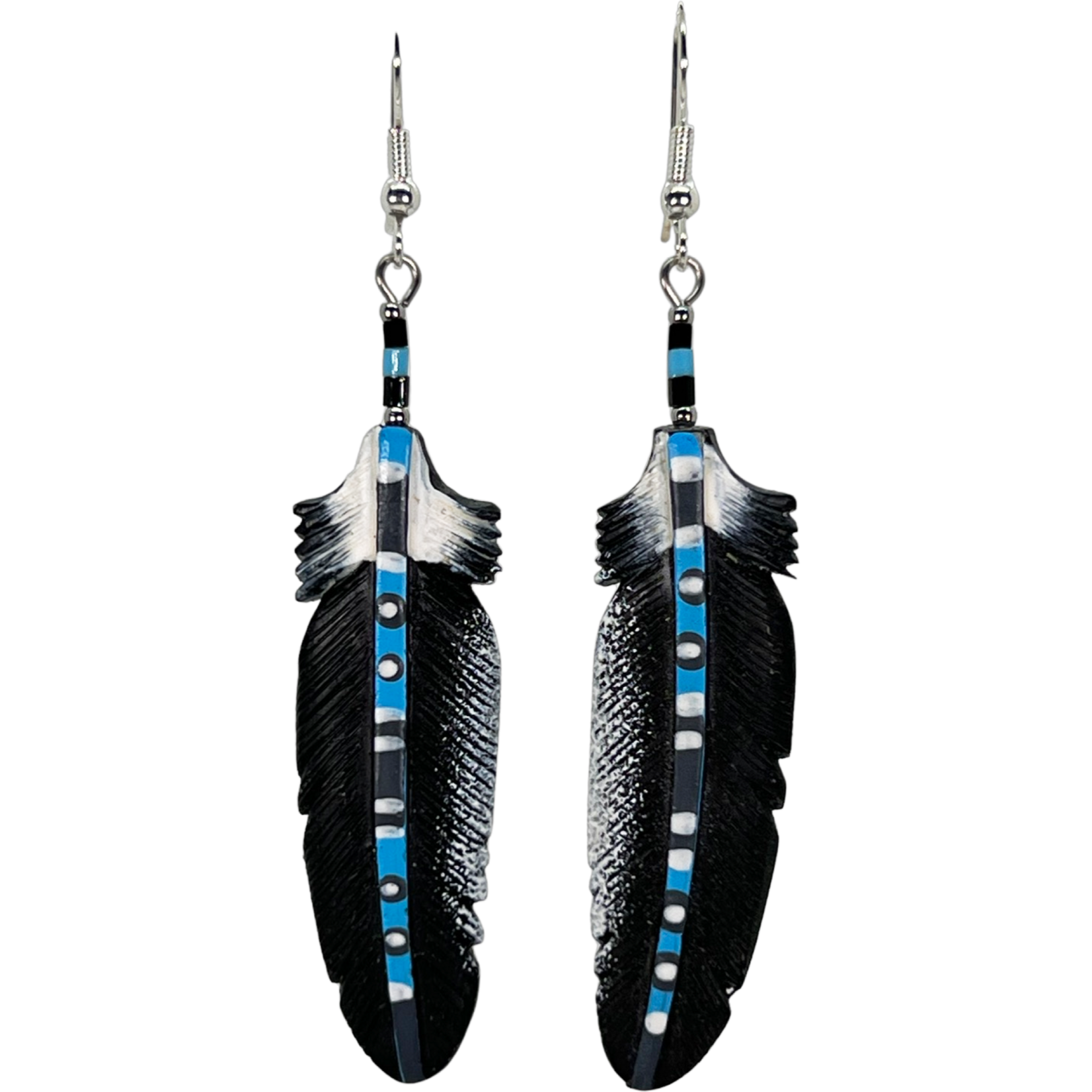 CARVED BONE EARRING - RAVEN FEATHER PAINTED STEM