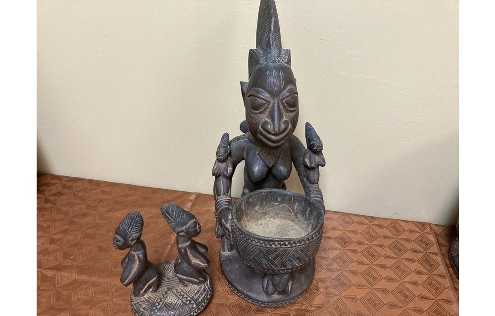 Yoruba Ajere. Used for divination. Most likely held cola nut, which are used in one of two forms of divination. 12 7/8 " h. x 6 5/8 " deep front to back. Nigeria