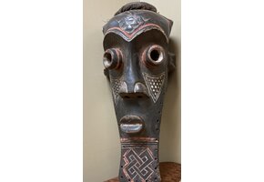 Kete of the Kuba confederation: initiation mask wooden with kaolin white and tukala red pigment. 20 1/4" tall x 9" wide (ear to ear). Dem Rep of Congo