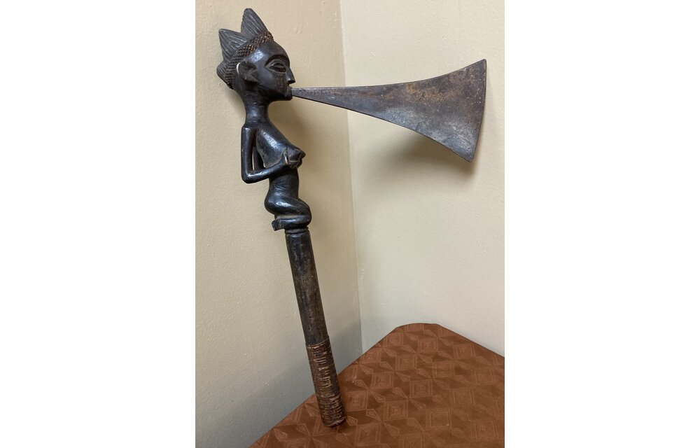 Tchokwe (Bajokwe) ceremonial axe of wood and brass. 16 1/4" long x 5 1/4" tall with a 7” blade