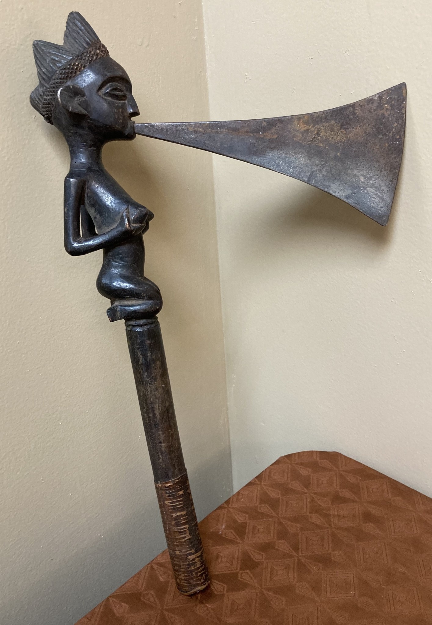 Tchokwe (Bajokwe) ceremonial axe of wood and brass. 16 1/4" long x 5 1/4" tall with a 7” blade