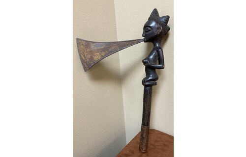 Tchokwe (Bajokwe) ceremonial axe of wood and brass. 16 1/4" long x 5 1/4" tall with a 7” blade