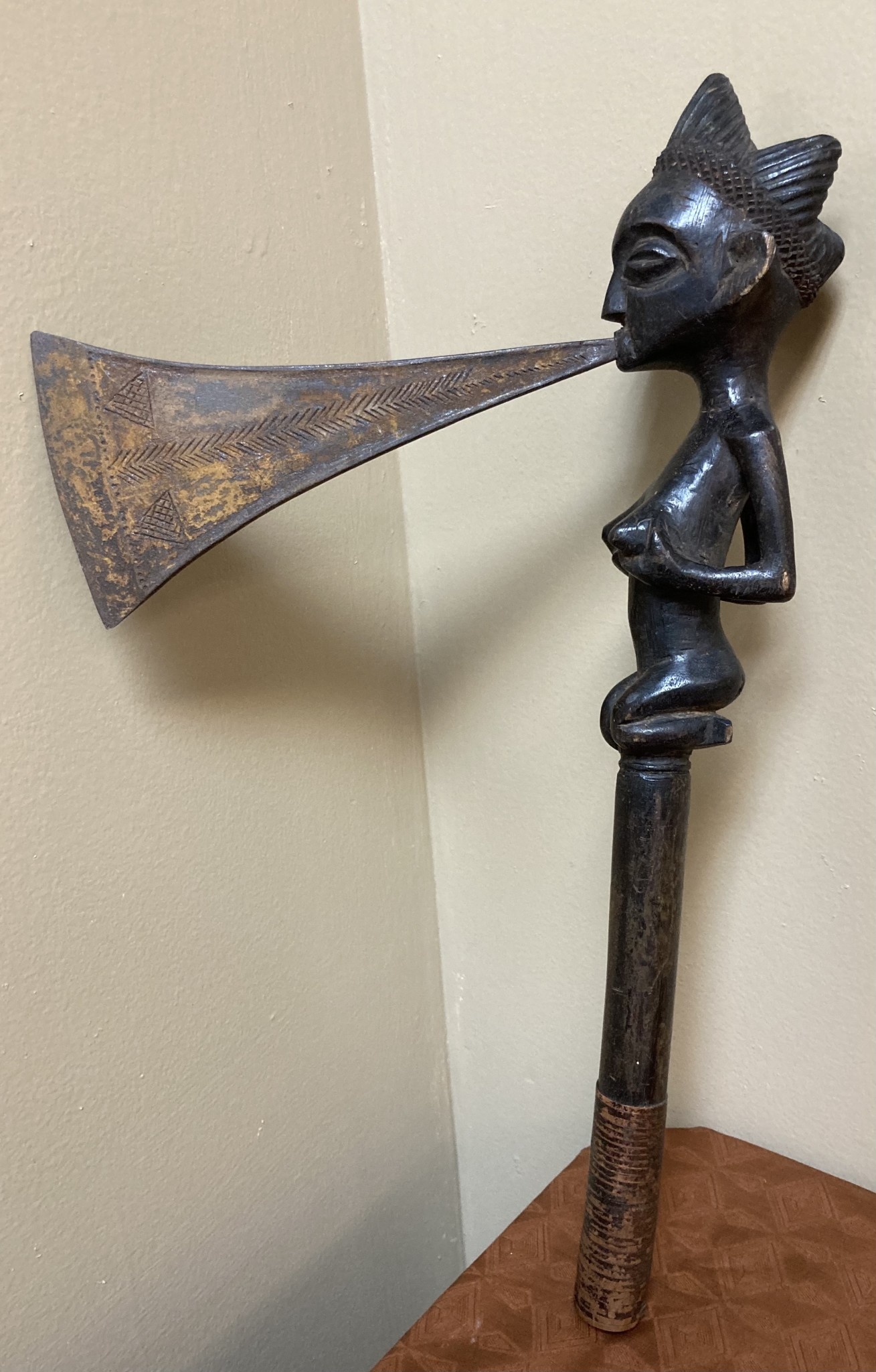 Tchokwe (Bajokwe) ceremonial axe of wood and brass. 16 1/4" long x 5 1/4" tall with a 7” blade
