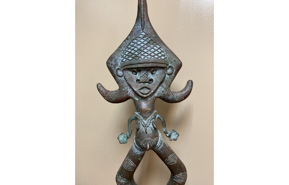 Kota (Bakota if pluralized) bronze figure is reminiscent of their reliquary guardians (Bwete). These folks live along Gabon's border with Rep of Congo. 27 1/4" tall and 9 1/2" w